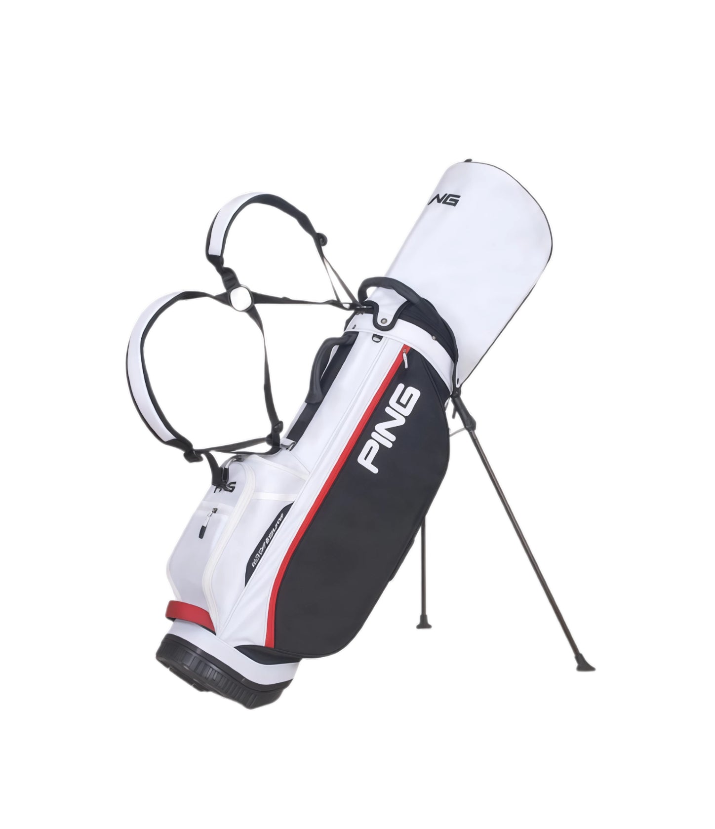 Back view of the PING Hoofer Lite Stand Bag in white/black/red showing the ergonomic dual-strap backpack system. Designed for balanced weight distribution and comfortable carrying over long distances.