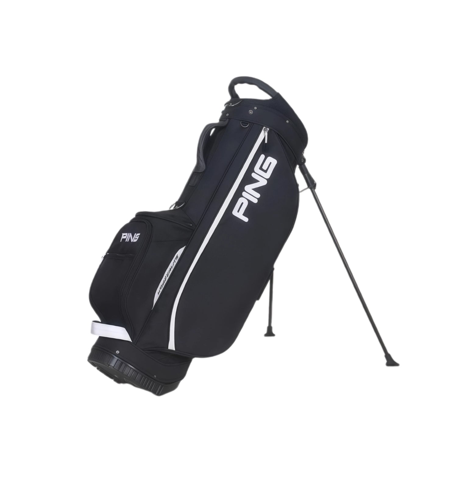 Side view of the PING Hoofer Lite Stand Bag in black with white trim. Highlights the bold "PING" logo, dual-strap system, and compact design. Ideal for golfers who prefer a sleek, minimalist look.
