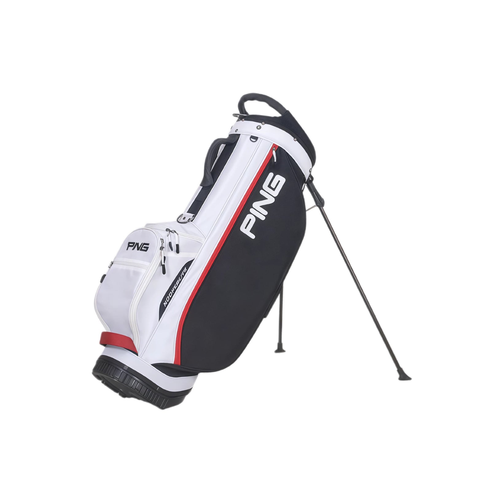 Side view of the PING Hoofer Lite Stand Bag in white, black, and red colorway. Features the "HOOFER LITE" branding, contrast stitching, and dual-strap backpack system. Perfect for golfers who love bold styling.