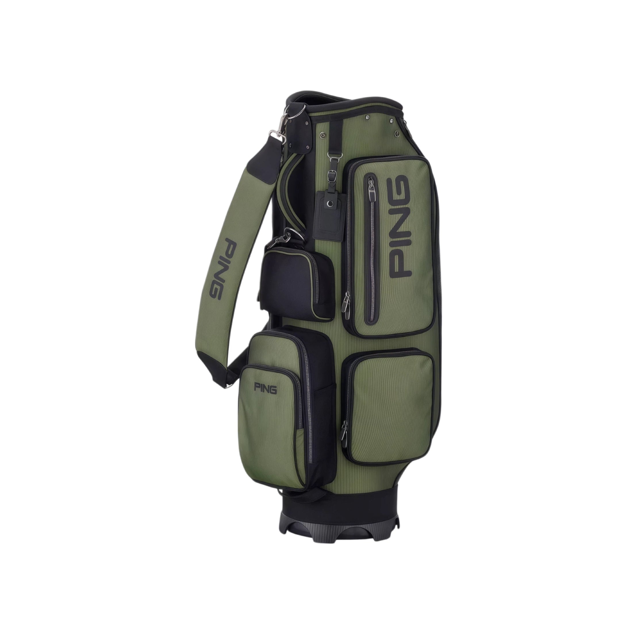 Olive green and black PING modern cart bag featuring multiple compartments, padded shoulder strap, and sturdy base. Designed for comfort and organization.