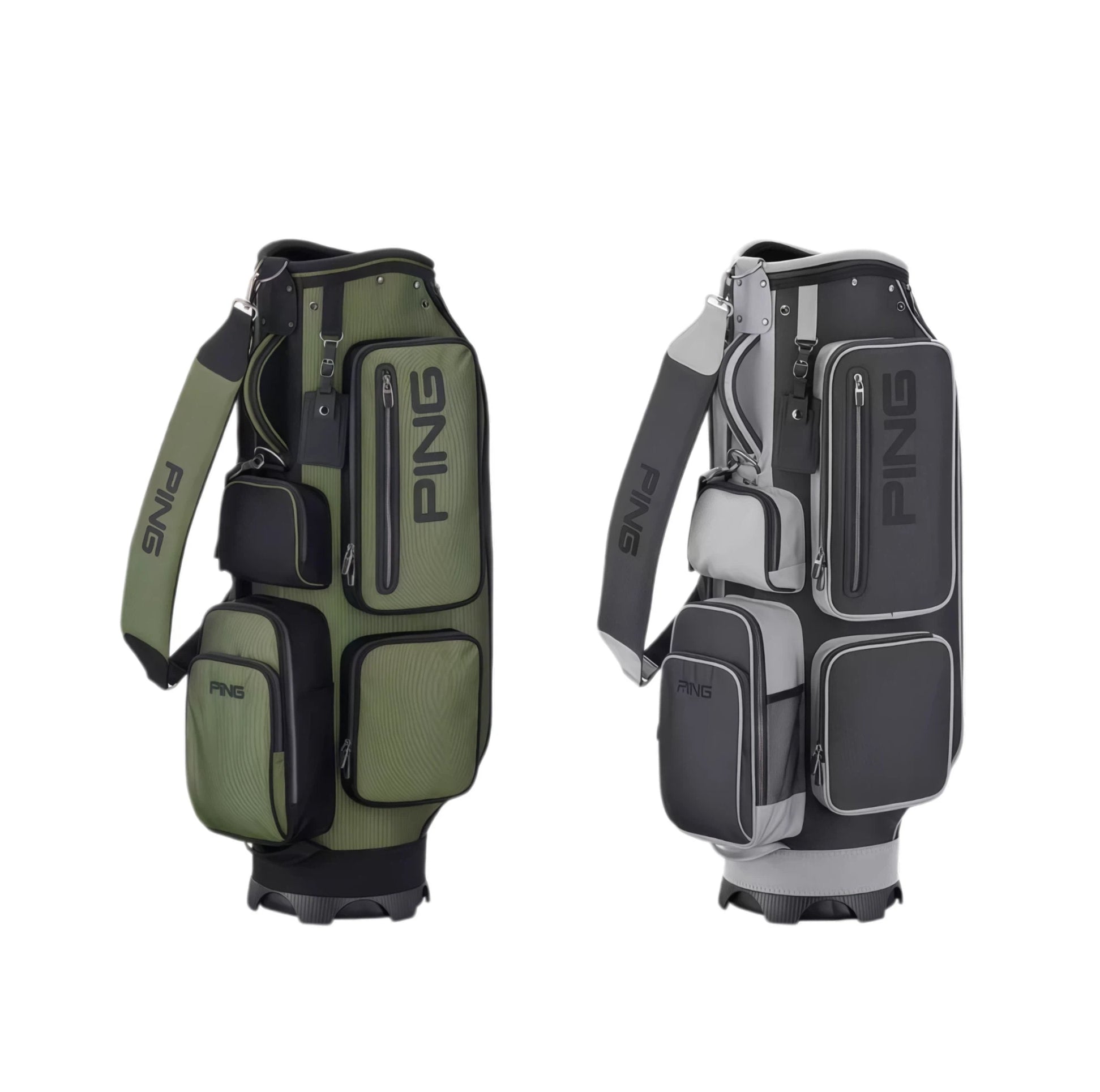 Side-by-side view of PING modern cart bag in olive green and dark gray colorways. Both feature multi-pocket design, branded straps, and premium build quality.