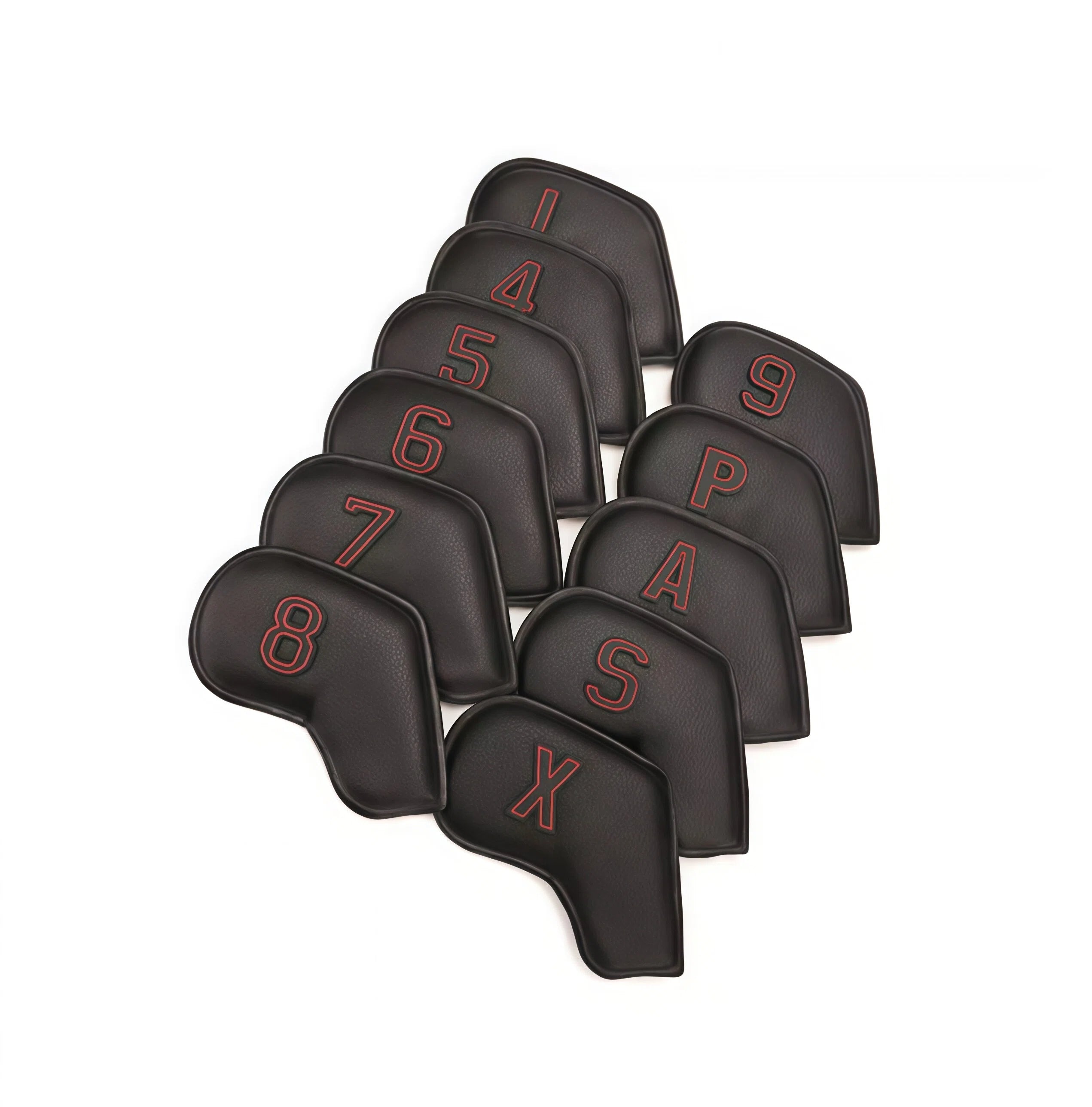 Premium black PU leather iron headcovers with bold red-outlined numbers (4–9, P, A, S, X) — double-sided labeling and oil-edge finish for durability and style; protects irons from scratches during transport or storage
