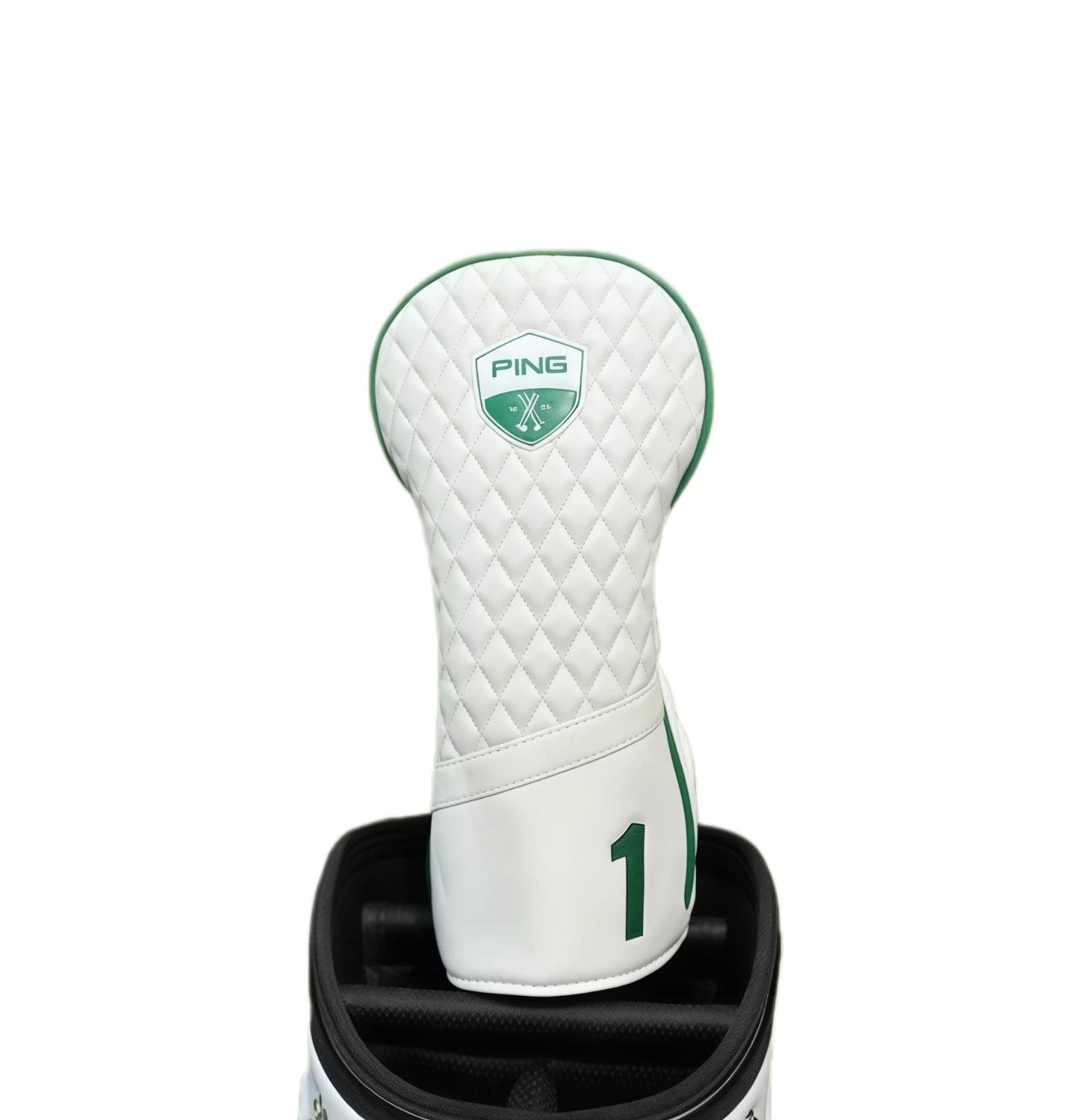 Ping Masters golf driver headcover featuring white quilted design with green trim and number 1, offering durable protection for golf clubs.