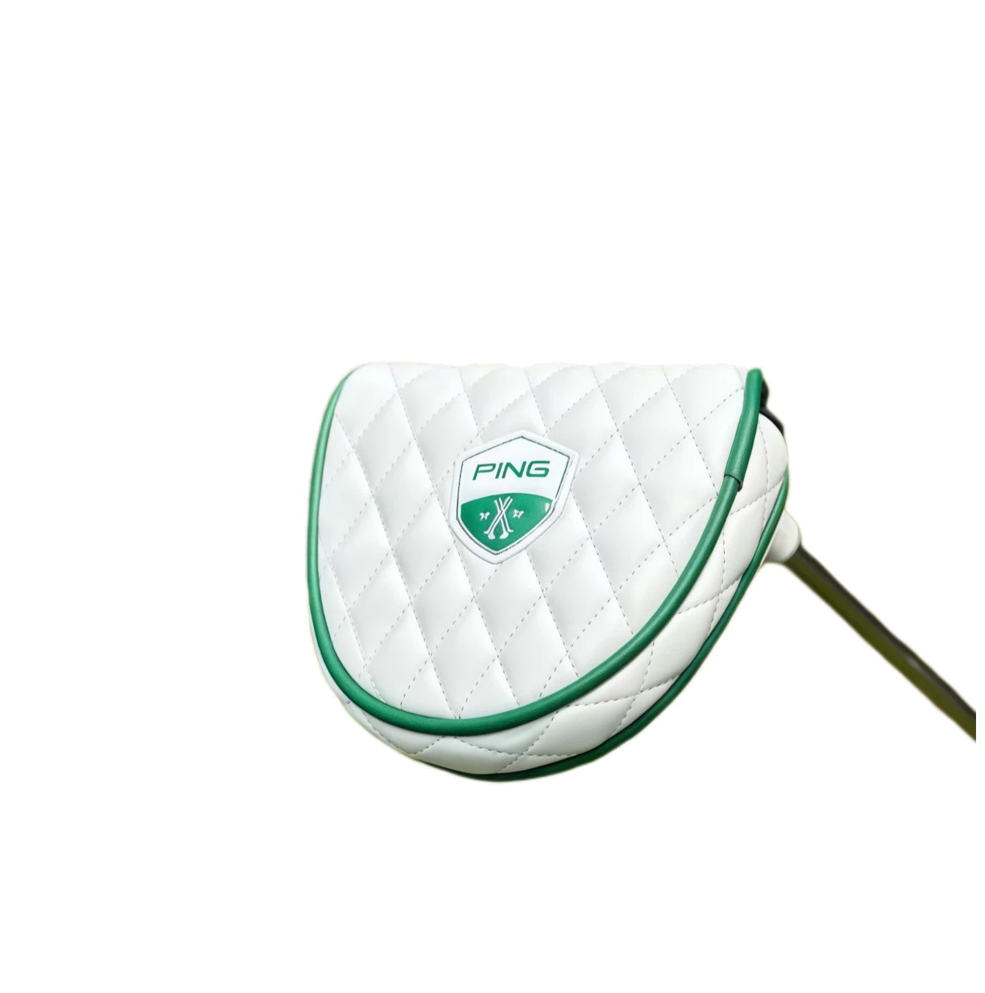 Ping Masters golf putter headcover with quilted white design and green shield logo, designed for mallet-style putters with durable protection.