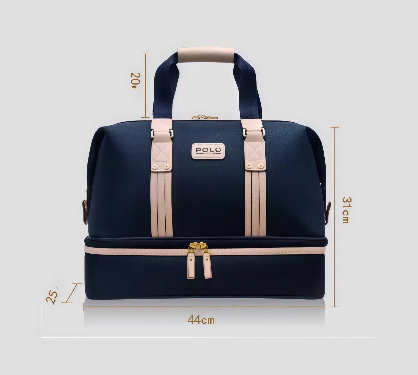 Size chart of the Polo Golf Dual-Zip Duffel Bag showing dimensions: 44cm (length), 31cm (height), 25cm (width). Perfect for carrying golf gear, clothes, or travel essentials.