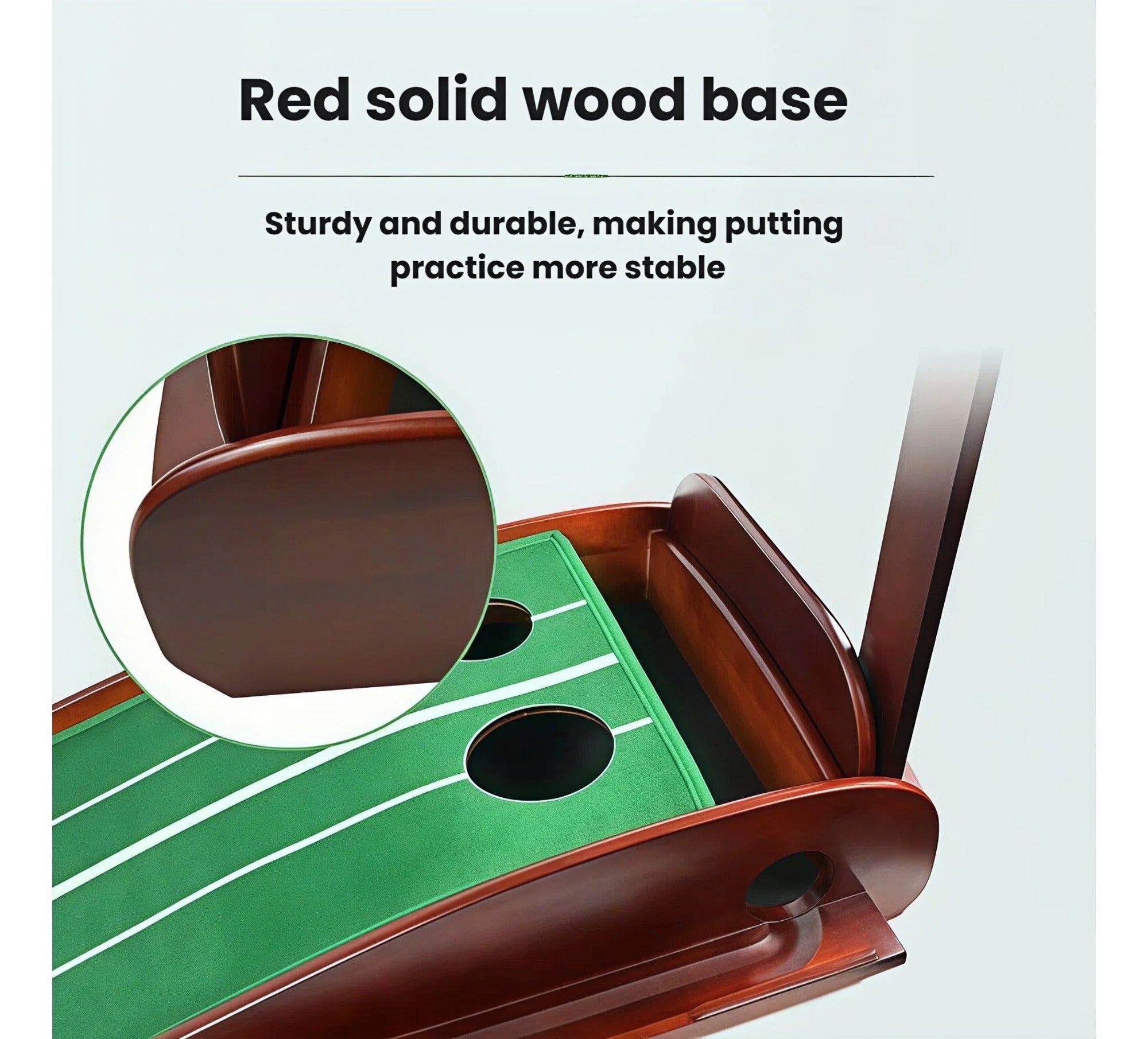 Close-up view of the Caiton putting mat's sturdy red solid wood base and curved edges, designed to provide durability and stability during indoor golf putting sessions.