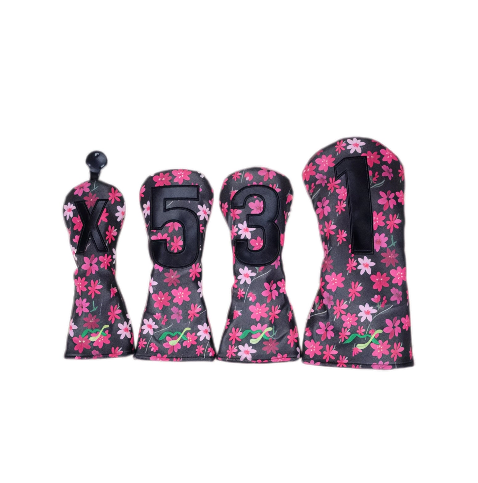 Black Sakura golf headcover set adorned with bold pink cherry blossoms and green vine accents; features raised black numbering (1, 3, 5, X) for high contrast and quick club selection on the course.