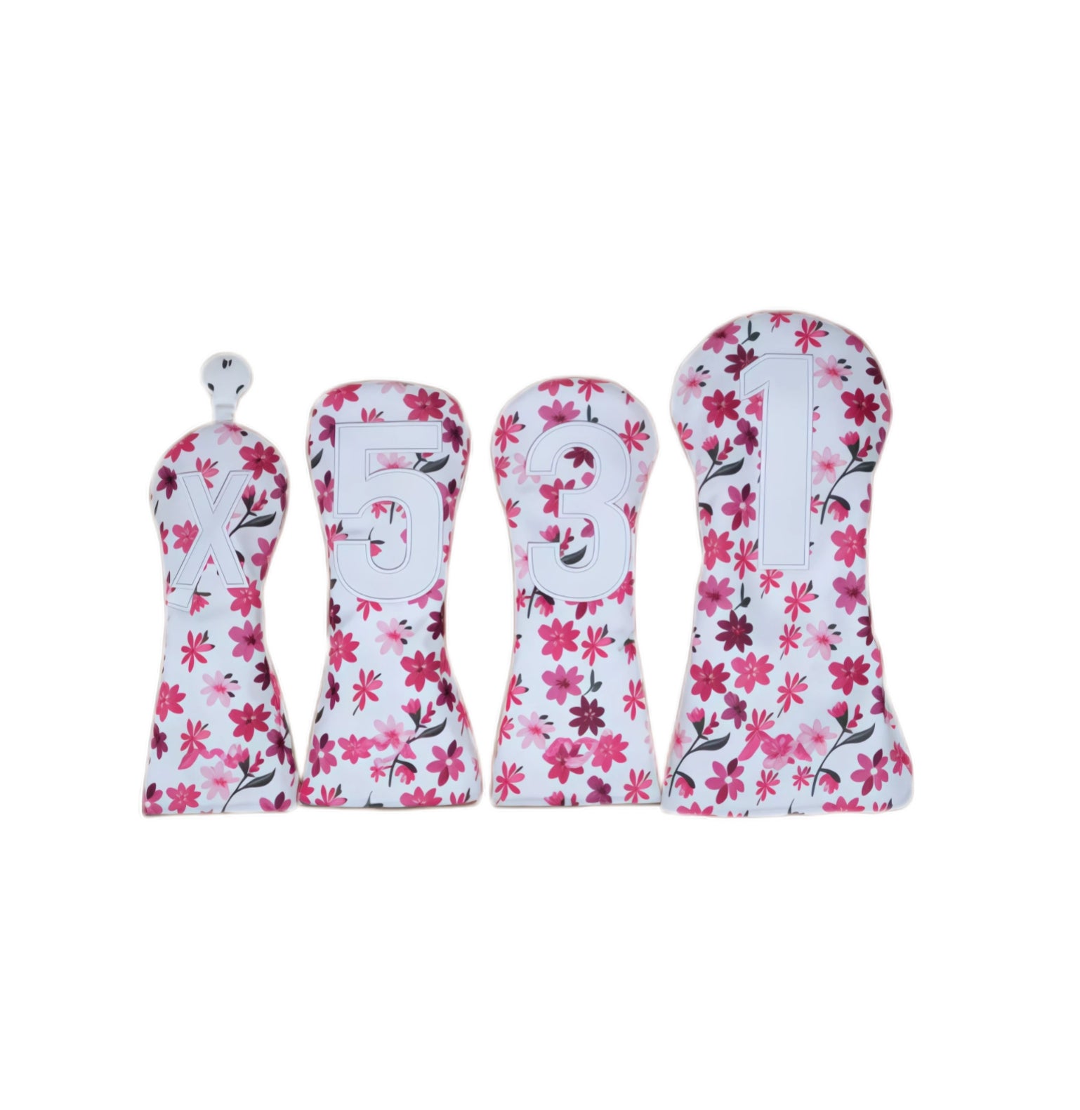 Set of four floral golf club head covers on a white background