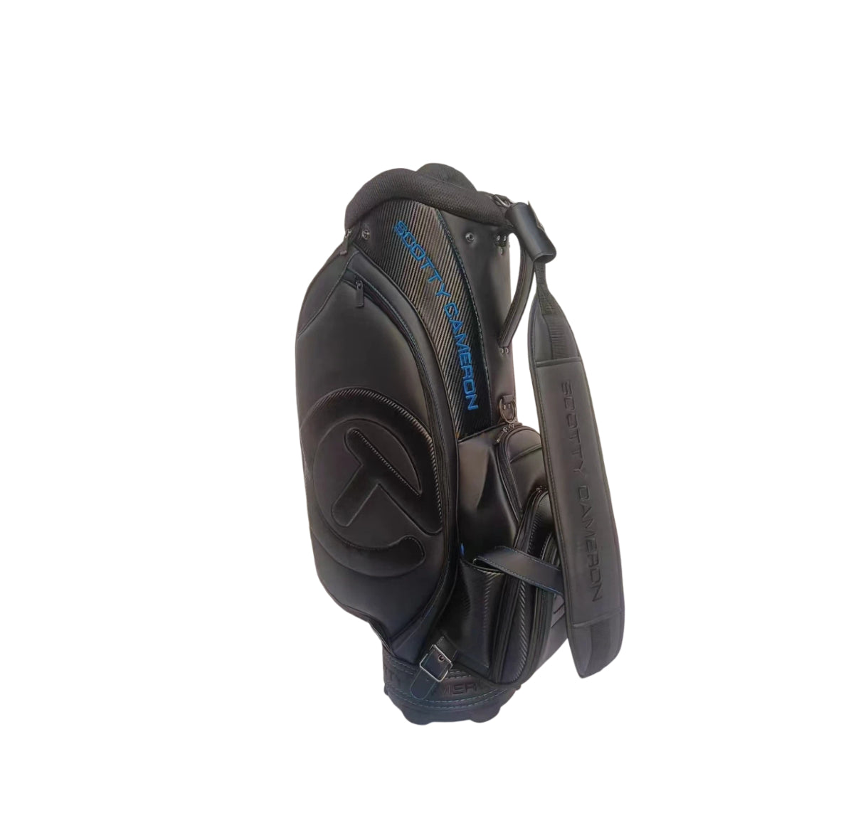  Full side profile of the Scotty Cameron Backin Black Tour Staff Bag showcasing the Circle T headcover logo, extensive pocketing, and "FOR TOUR USE ONLY" text on the base.