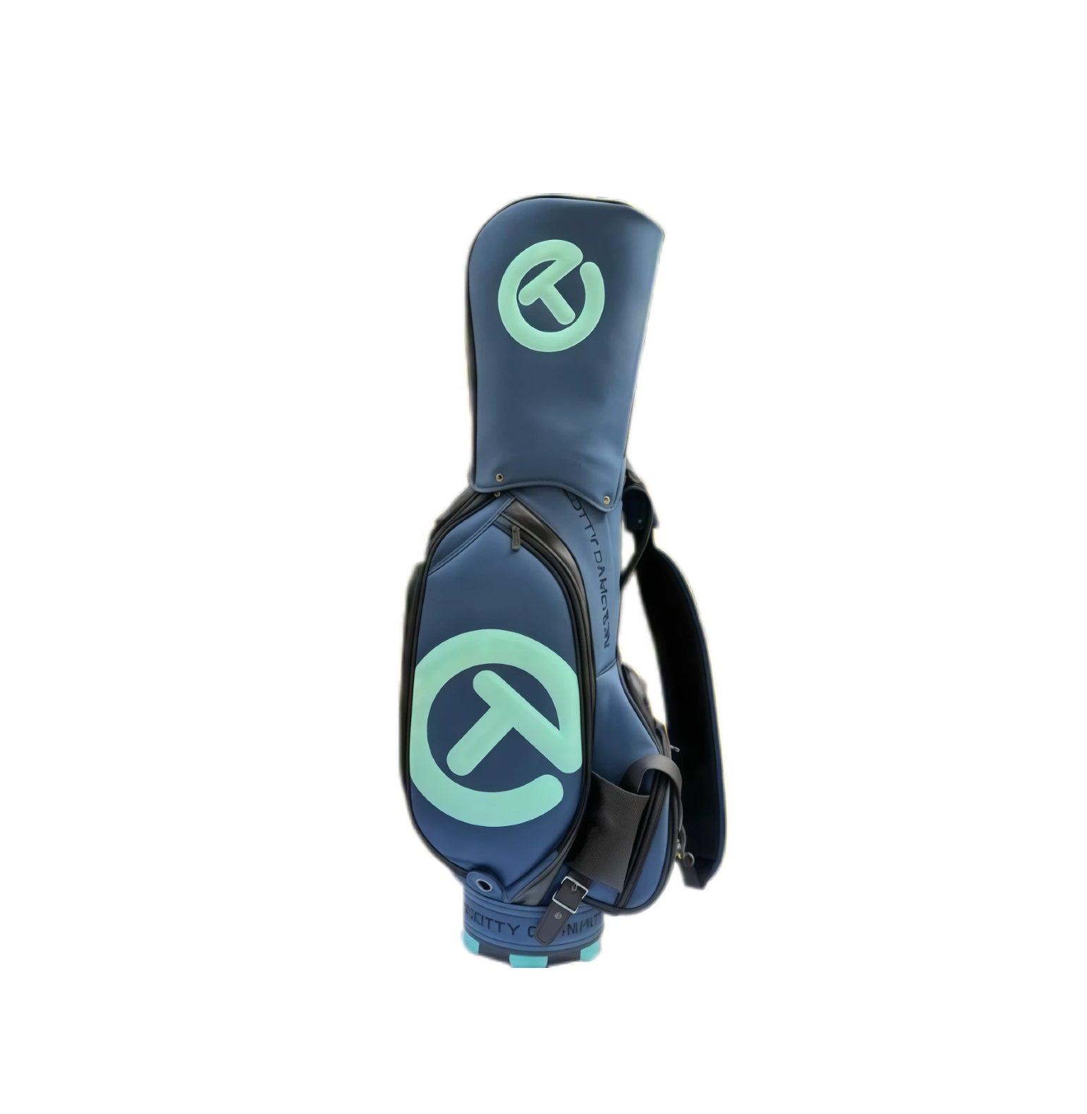A side view of the Scotty Cameron Staff Bag in a sophisticated navy blue and mint green color scheme. The bag features a large, contrasting mint green "Circle T" logo, offering a modern and stylish look for the golf course.
