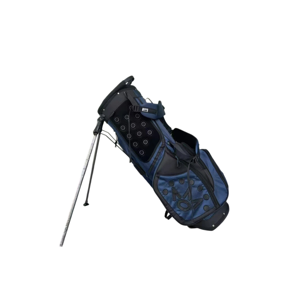 Blue and black golf bag with stand on a white background