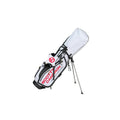 An angled view of the Scotty Cameron Pathfinder SC Geo stand bag, featuring a white body with a black geometric maze pattern. The bag is displayed with its stand legs deployed on a clean white background.