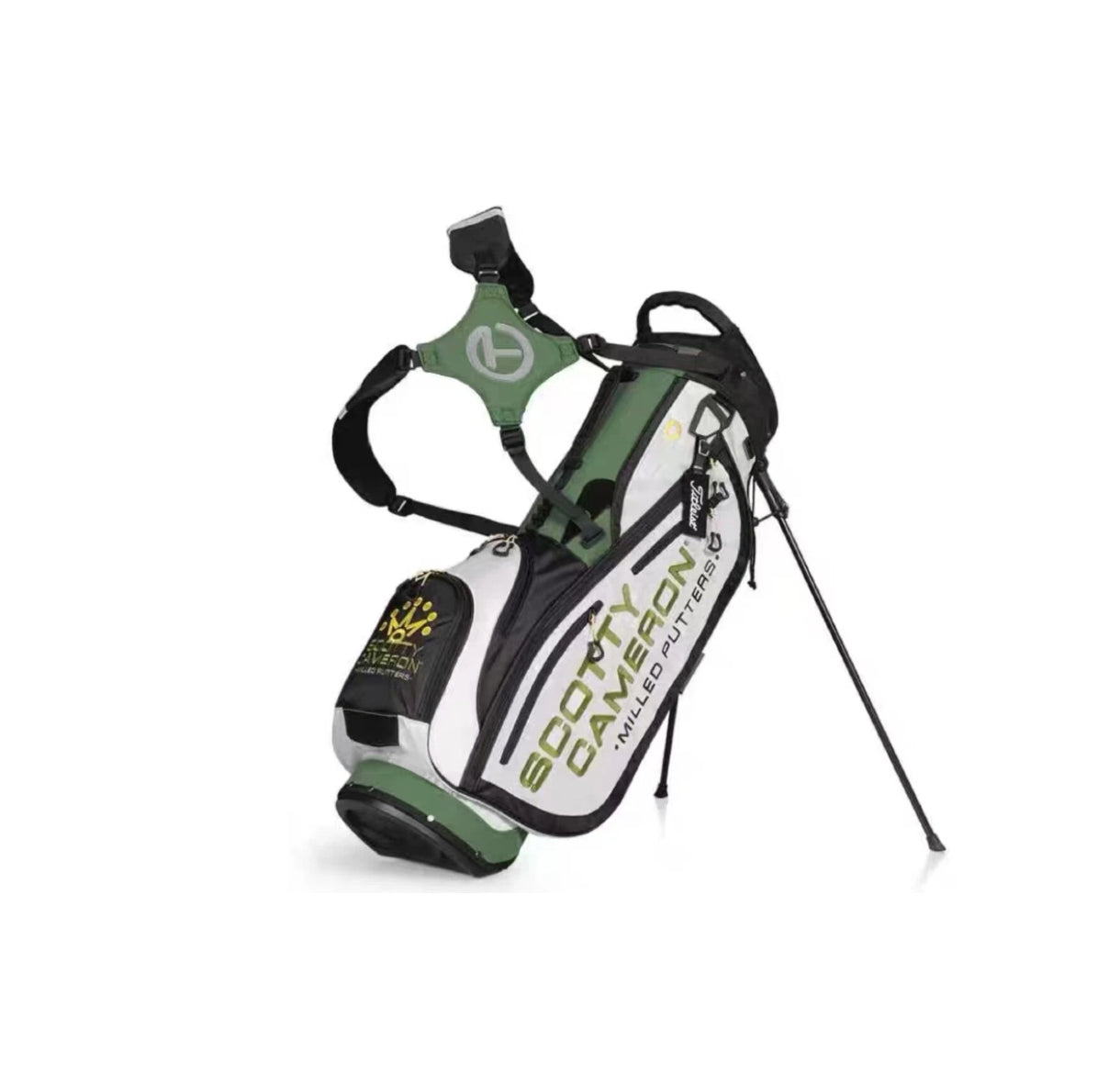 Angled view of the Scotty Cameron Pathfinder Stand Bag in Gray and Green, showcasing the "SCOTTY CAMERON MILLED PUTTERS" text, dual strap system with Circle T logo, and extended legs for stability.