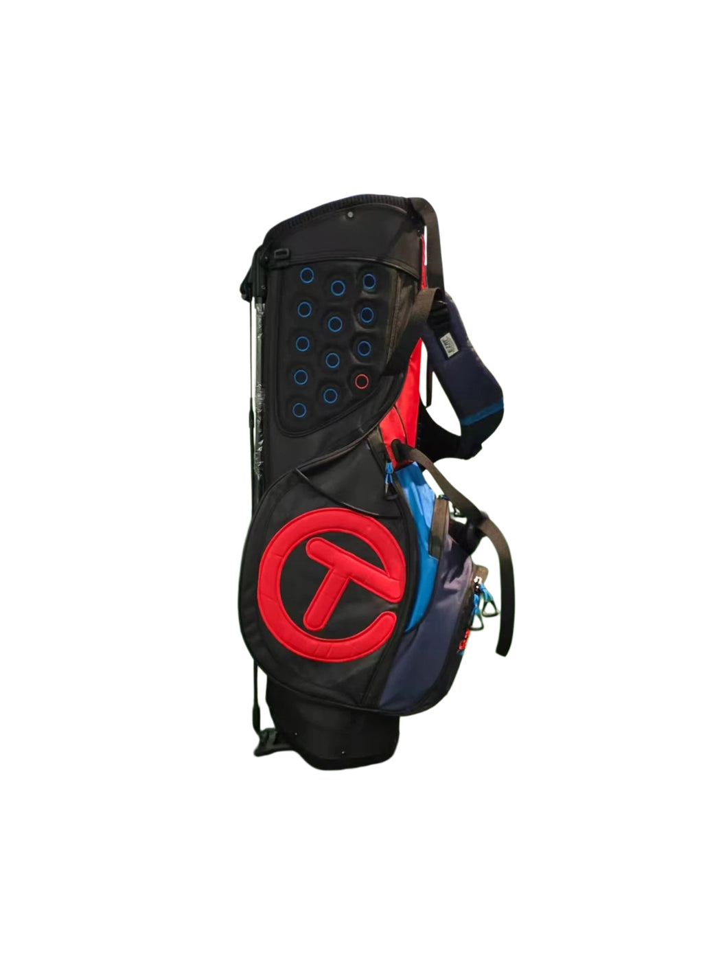Side profile of the Scotty Cameron Pathfinder Stand Bag featuring blue circular pattern accents, large red Circle T logo, and multi-pocket design for golf accessories.