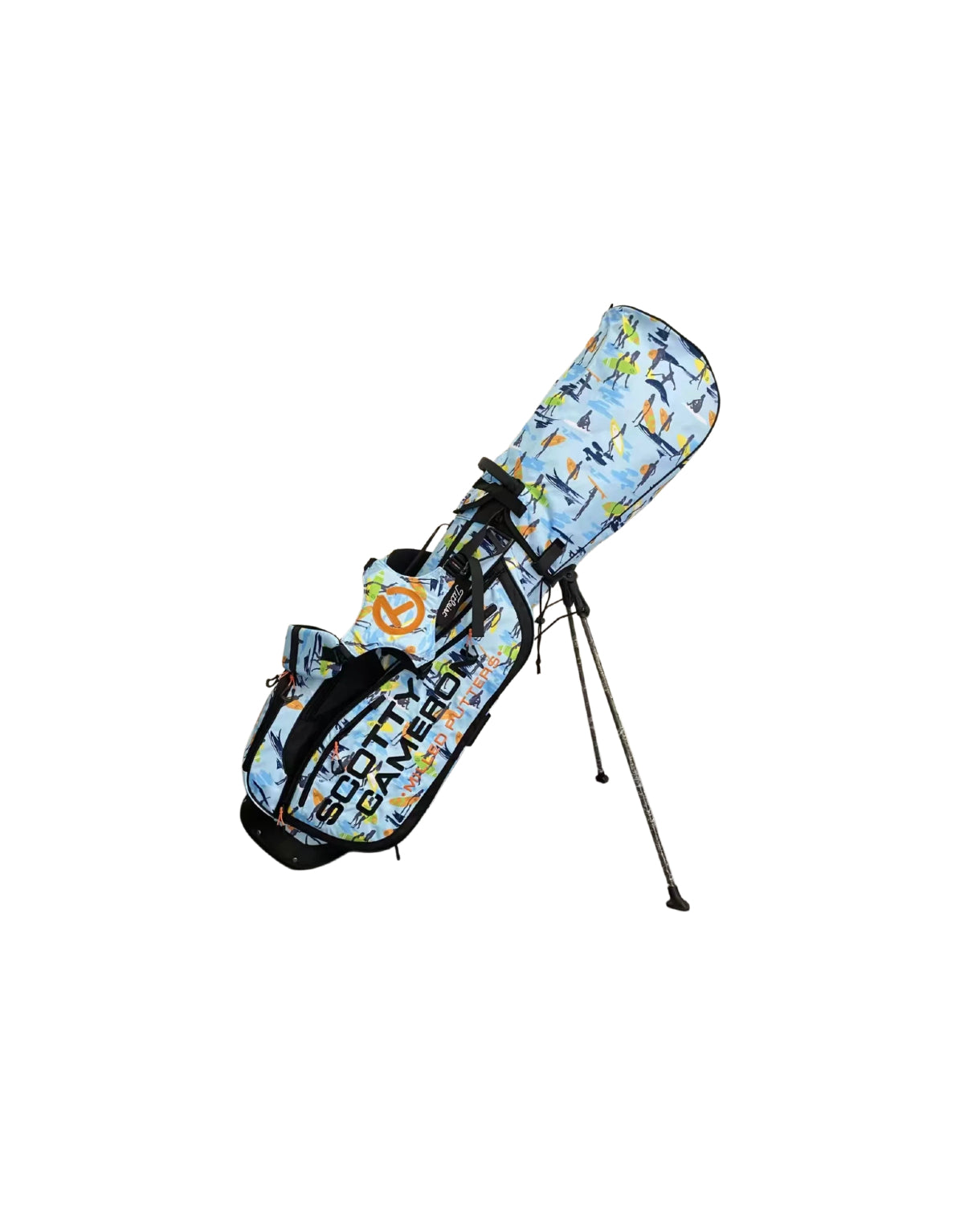 Front-facing view of the Scotty Cameron Pathfinder Surfer-Blue stand bag, highlighting the full-length "SCOTTY CAMERON" branding, colorful surfer graphics, and structured top with integrated handle.