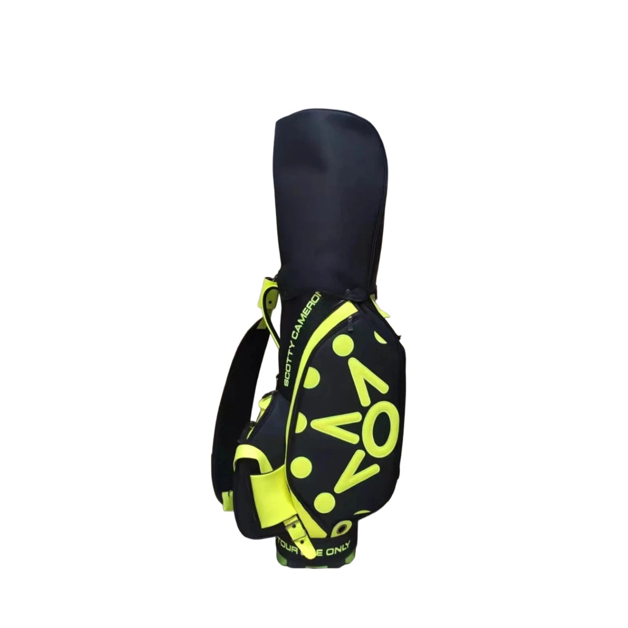 Side profile of the Scotty Cameron Staff Bag 2022 Tour Bag with integrated rain hood, highlighting the sleek charcoal base, neon yellow graphics, and “SCOTTY CAMERON” vertical branding.