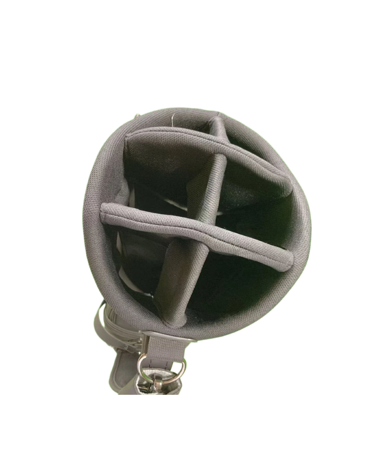 Top-down view of the Scotty Cameron Supercar Staff Bag, revealing the internal padded divider system designed to organize and protect golf clubs.