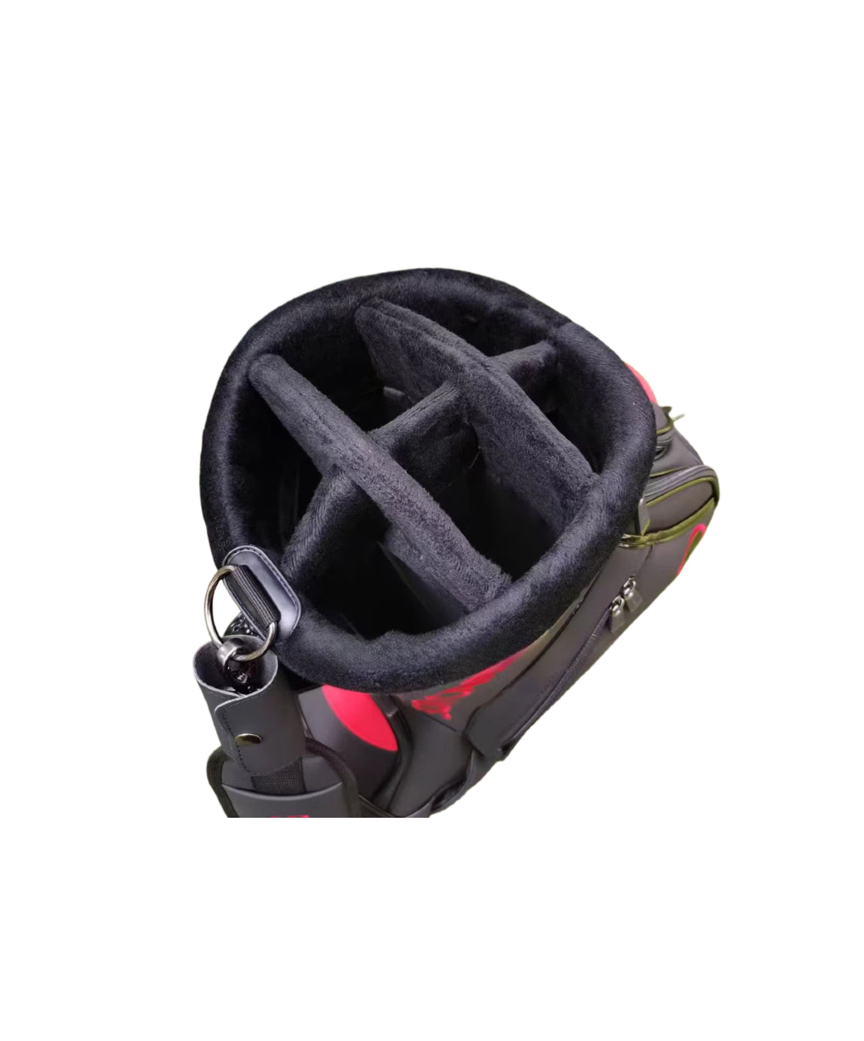 Top-down view of the Scotty Cameron Supercar Staff Bag showing the plush, padded internal divider system, premium black lining, and sturdy handle construction with red detailing.
