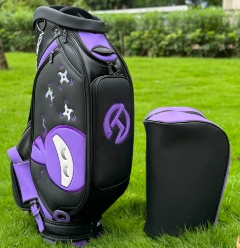 A side profile of the Scotty Cameron Camo Collage golf bag, highlighting its sleek black and purple design. The image includes the matching headcover with the iconic "Circle T" logo, emphasizing the set's coordinated aesthetic.