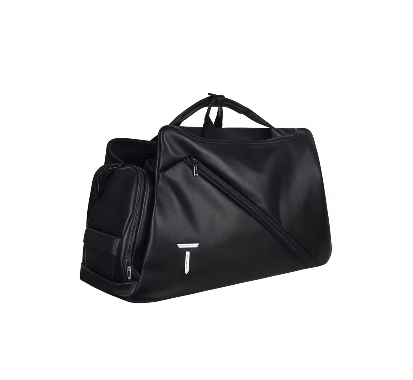 Side angle view of the black European Tour duffel bag showing the open side pocket with a separate shoe compartment. Keeps footwear organized and odor-free during travel.