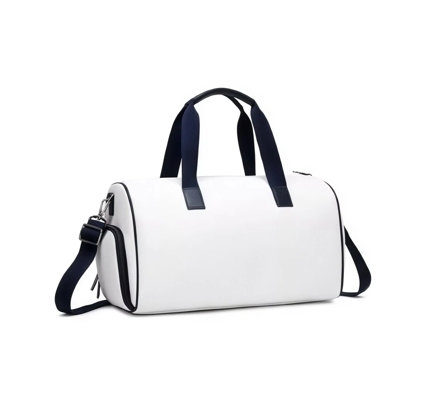 Side angle view of the white PGA Tour duffel bag highlighting its sleek silhouette, navy trim, and durable construction. Features a zippered side pocket and padded handle grip.
