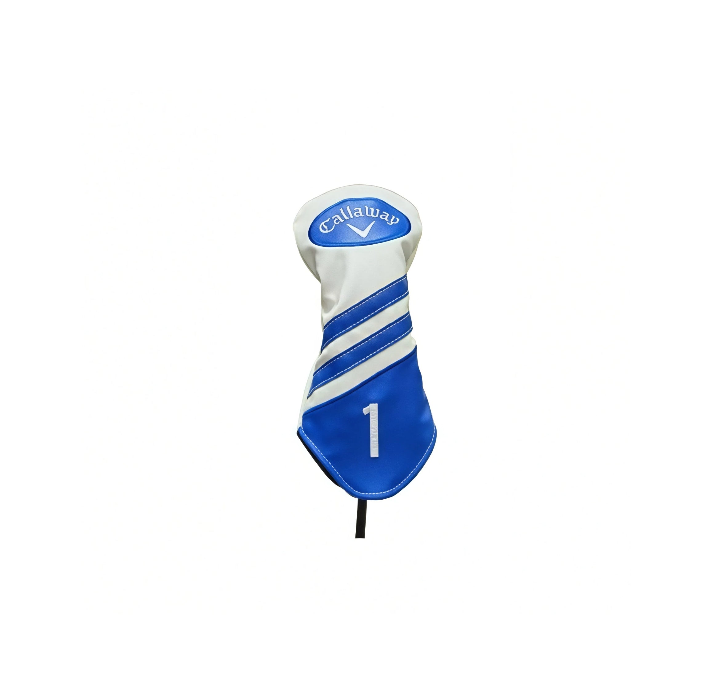 Front-facing studio shot of Callaway driver headcover (labeled “1”) — highlights crisp blue-and-white diagonal stripe pattern, embroidered “Callaway” emblem, and tailored contouring for secure fit on most modern drivers and fairway woods