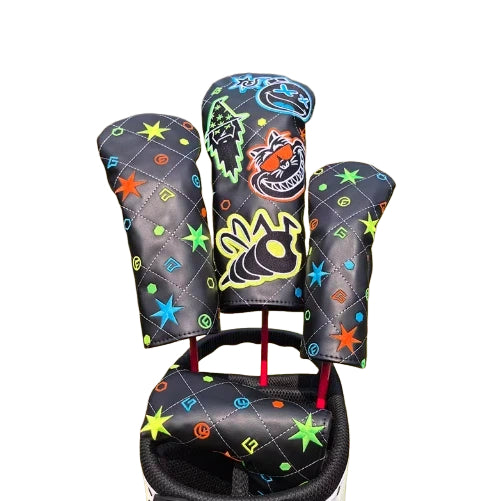 Black Six-Star Mage golf headcovers set with neon stars, wizard hat and magical creatures embroidery, designed for driver, fairway and putter clubs with durable protection.