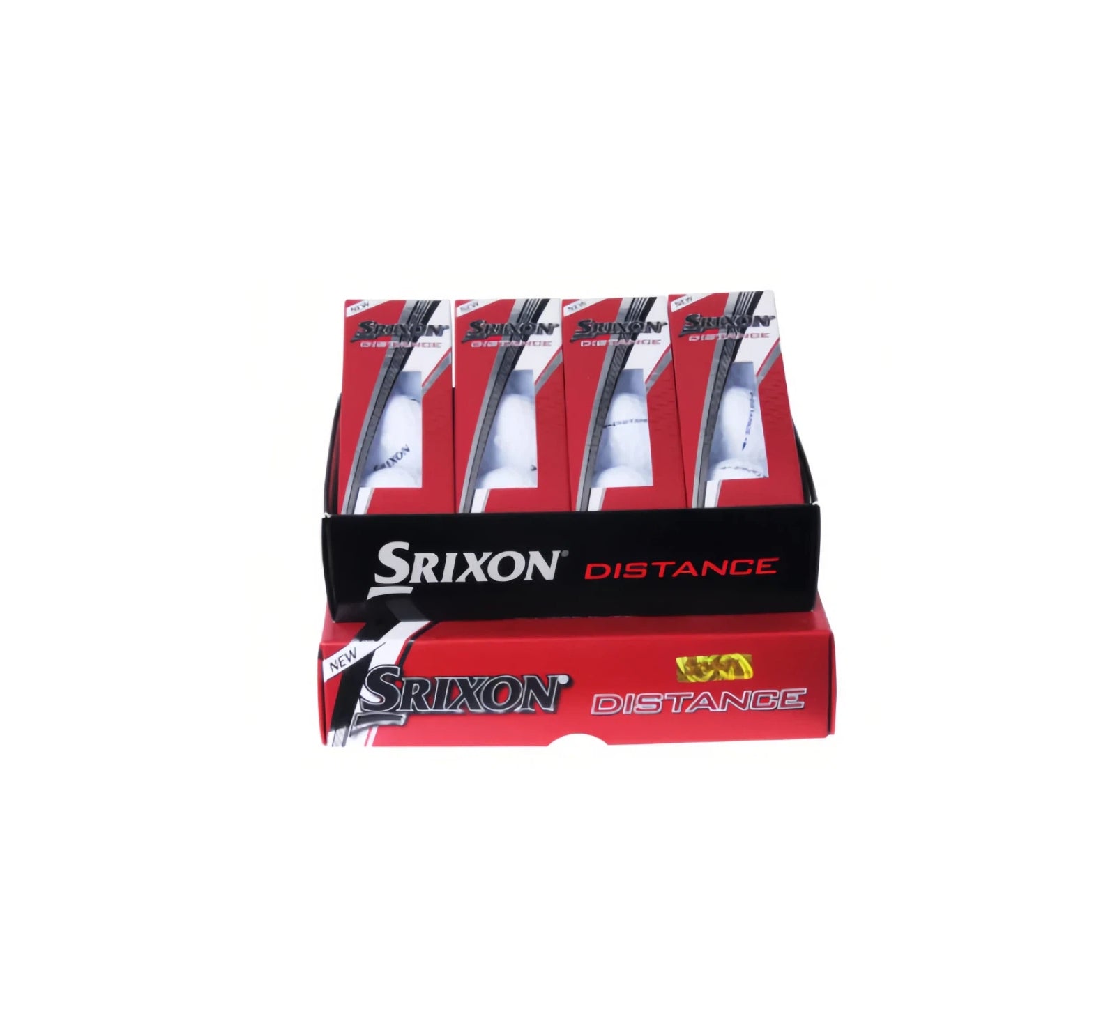 Srixon Distance golf balls in a retail display box, containing four individual packs, with the "NEW" label and "DISTANCE" branding prominently displayed.