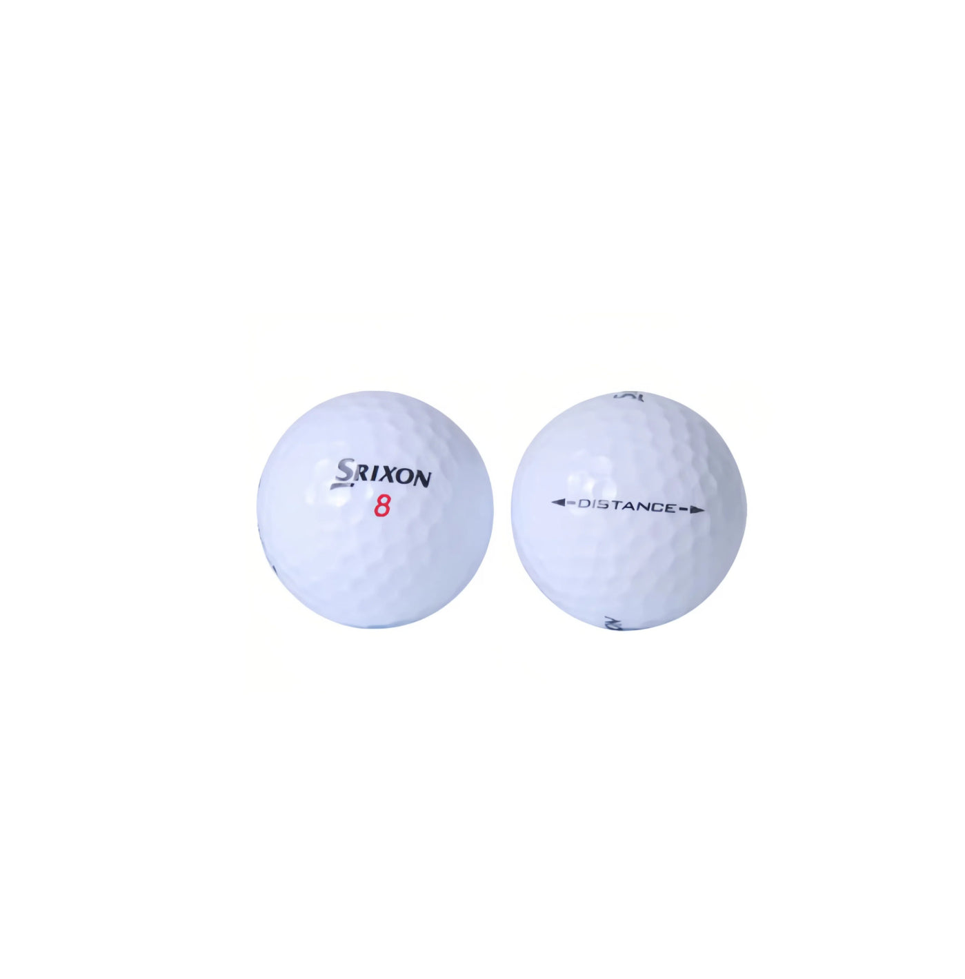 Two Srixon Distance golf balls, one showing the Srixon logo and red number 8, the other displaying the "DISTANCE" text, highlighting the product's design and branding.