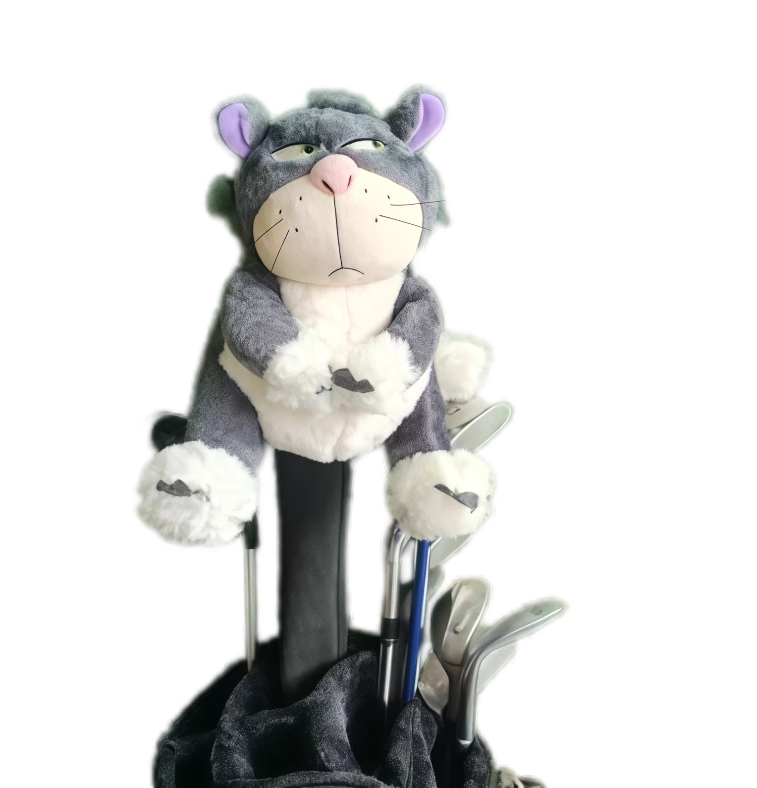 Front view of a plush gray and white cat golf headcover with purple ears, pink nose, and expressive eyes, sitting atop a driver shaft inside a black golf bag among other clubs.