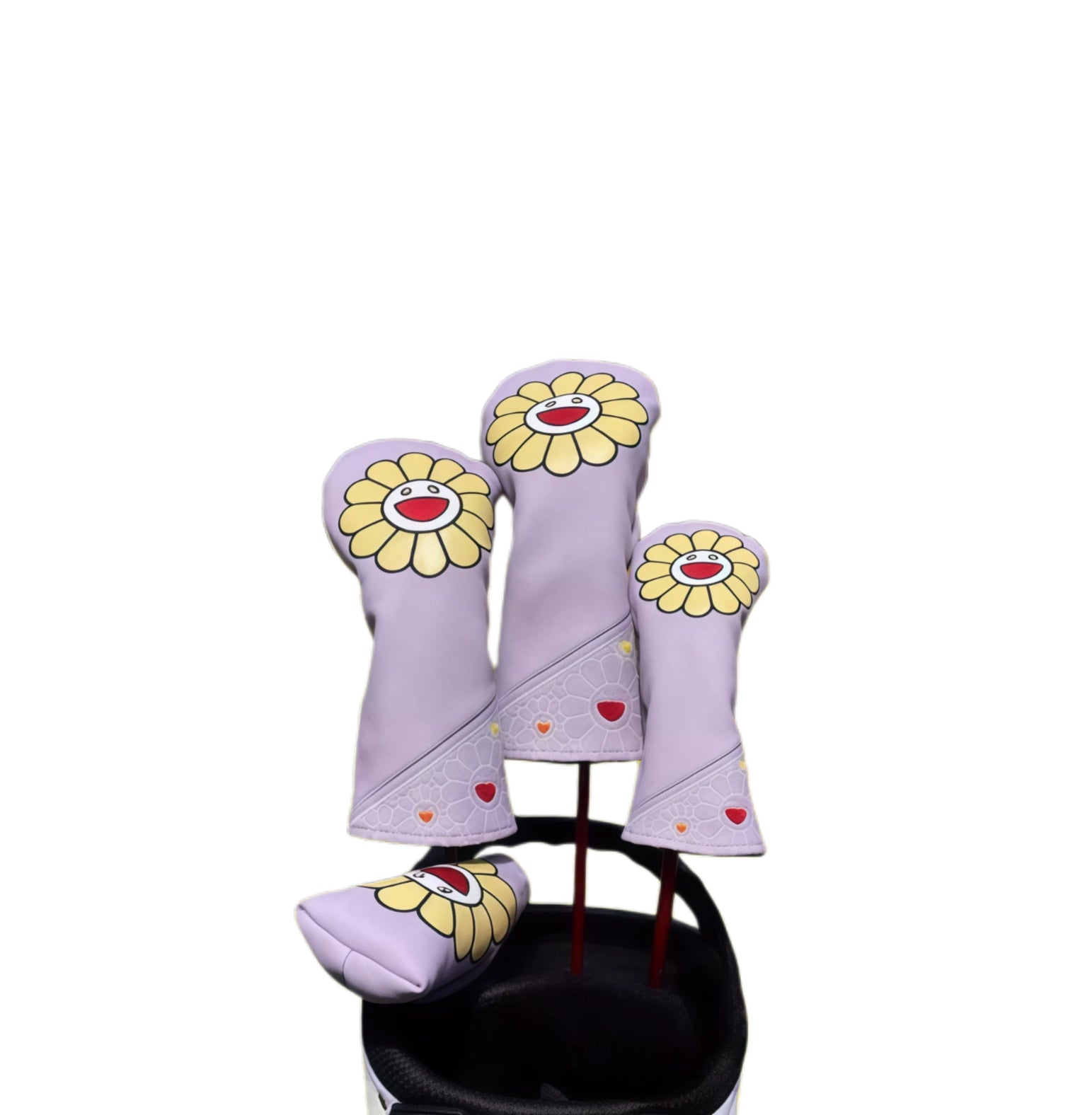 Sunflower Golf Headcovers Set in lavender with cute sunflower design and magnetic closure - lightweight and protective PU leather covers for driver, fairway, hybrid, and putter - perfect for golf course or practice range