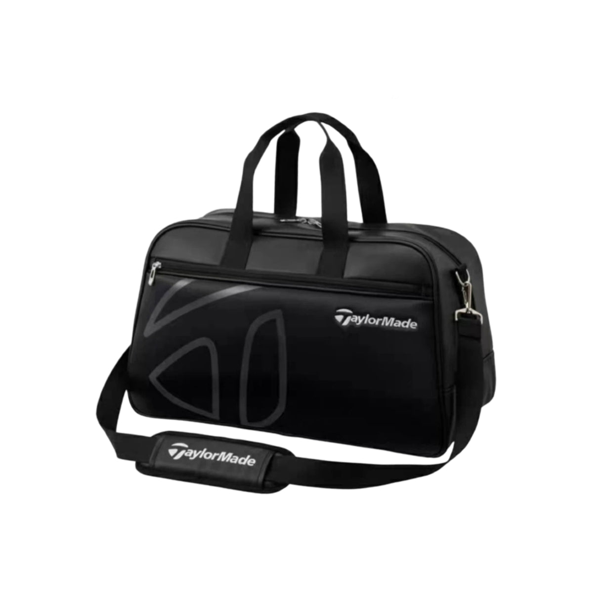 Front view of the TaylorMade Auth-Tech Boston bag in black featuring dual top handles, adjustable shoulder strap, and subtle embossed logo design. Made from durable water-resistant fabric with zippered compartments for organized storage of golf gear, apparel, and accessories.