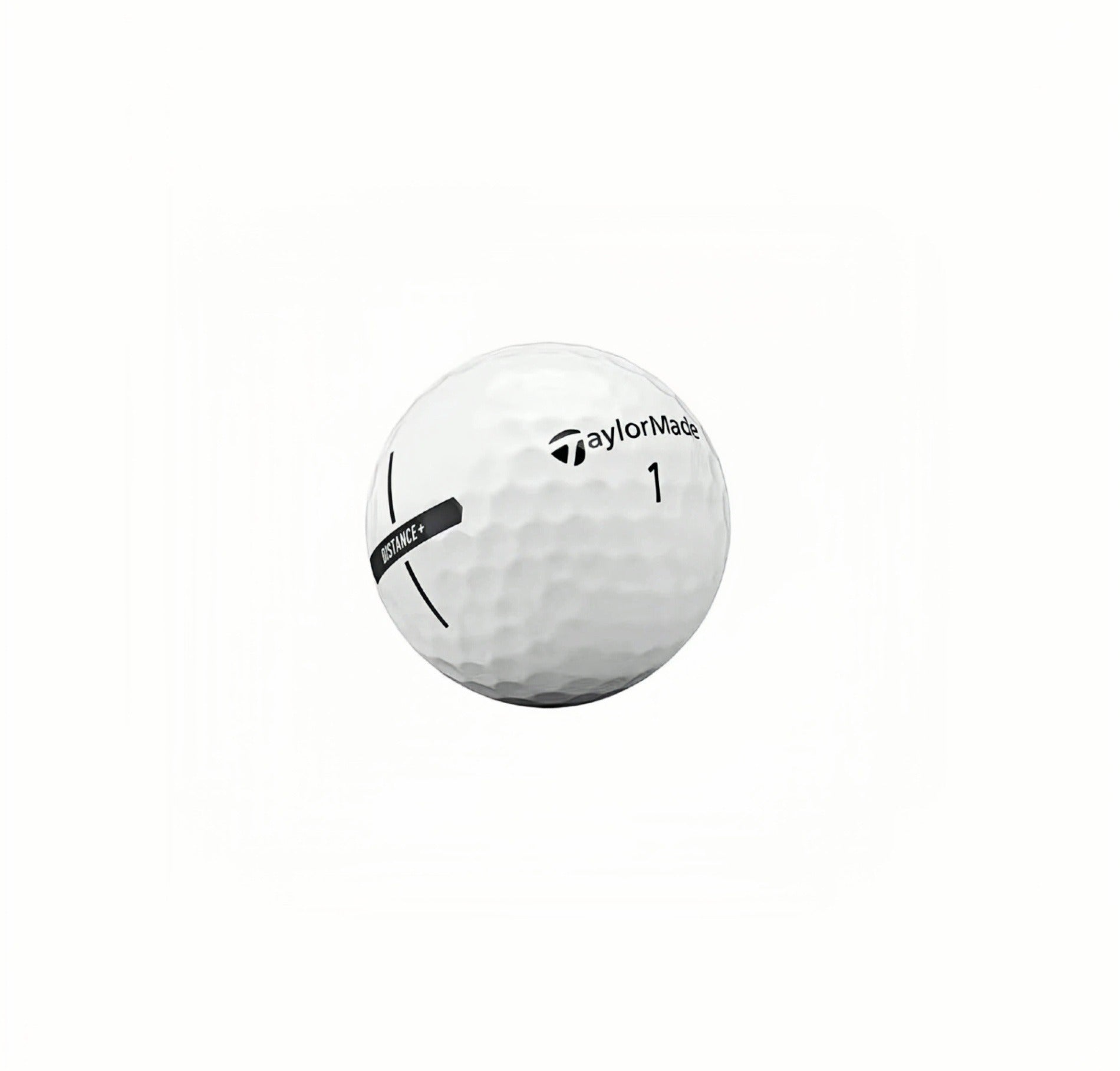 Close-up of TaylorMade Distance+ golf ball featuring the alignment aid stripe, brand logo, and number 1 marking, designed for high velocity and low drag performance.