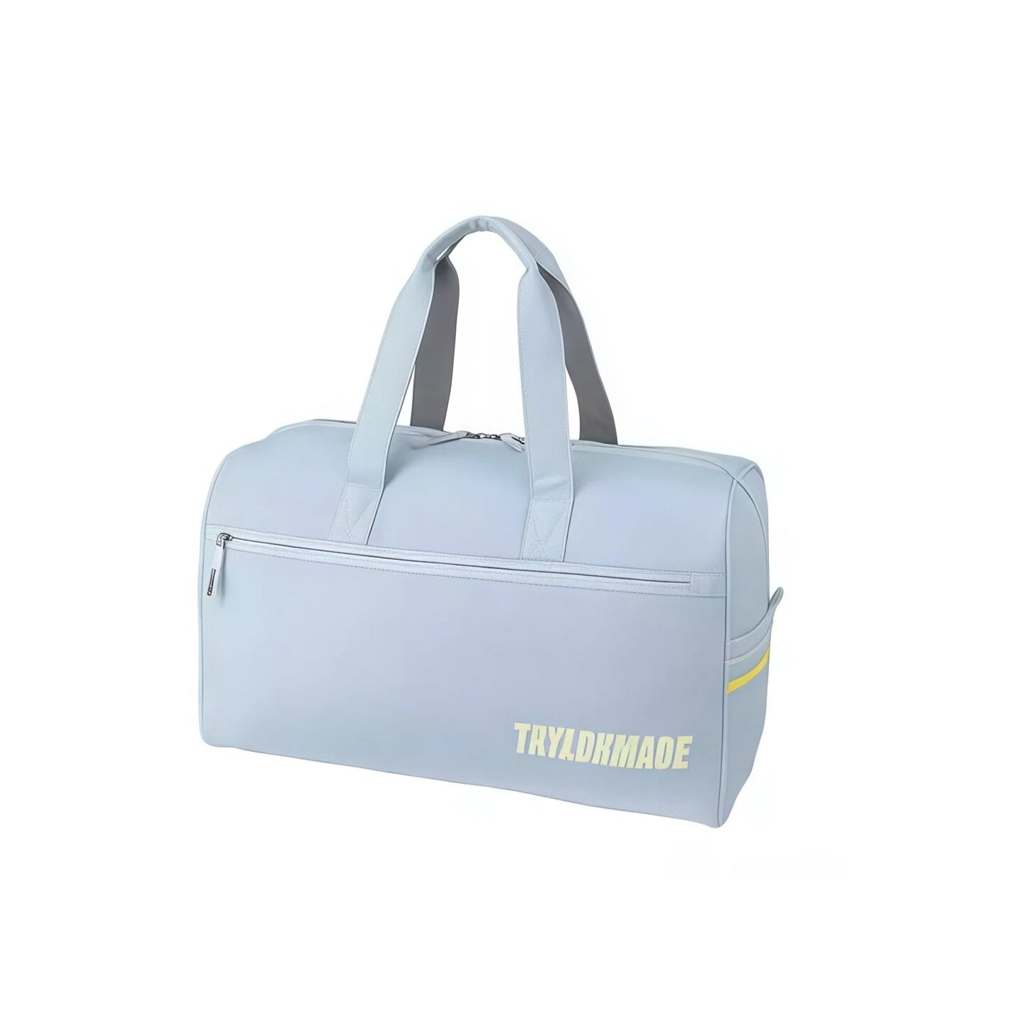 Light blue TaylorMade duffel bag with yellow "TRYLADKMADE" logo. Ideal for gym, travel, or casual use with spacious main compartment and sleek design.