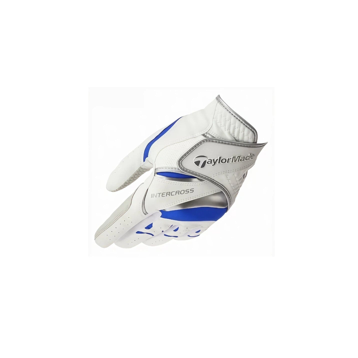 Side profile of TaylorMade Intercross men's golf glove displaying the brand logo and sleek design with blue and silver accents.
