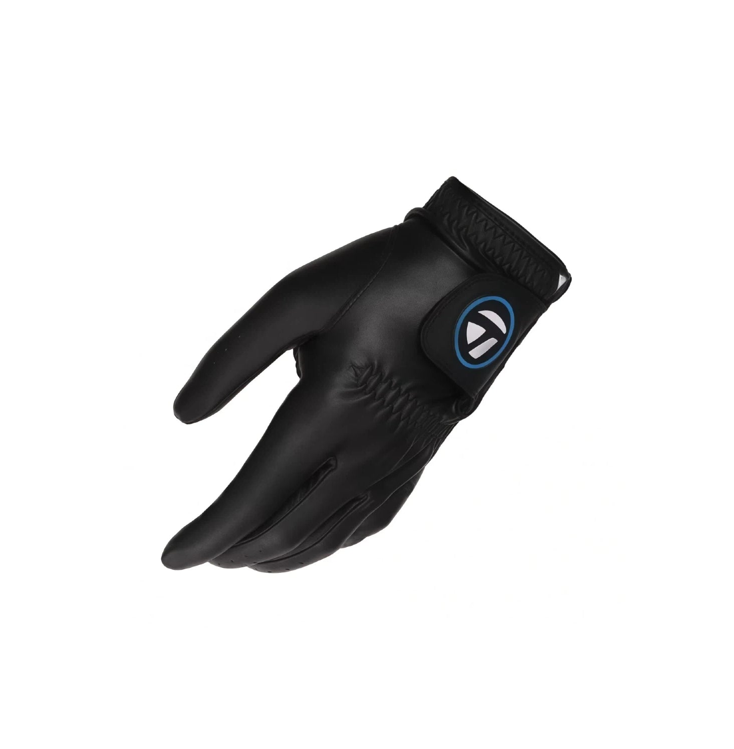 Angled view of a black TaylorMade men's golf glove made from durable synthetic leather, featuring a secure wrist strap with the iconic TaylorMade logo for a comfortable and reliable fit.