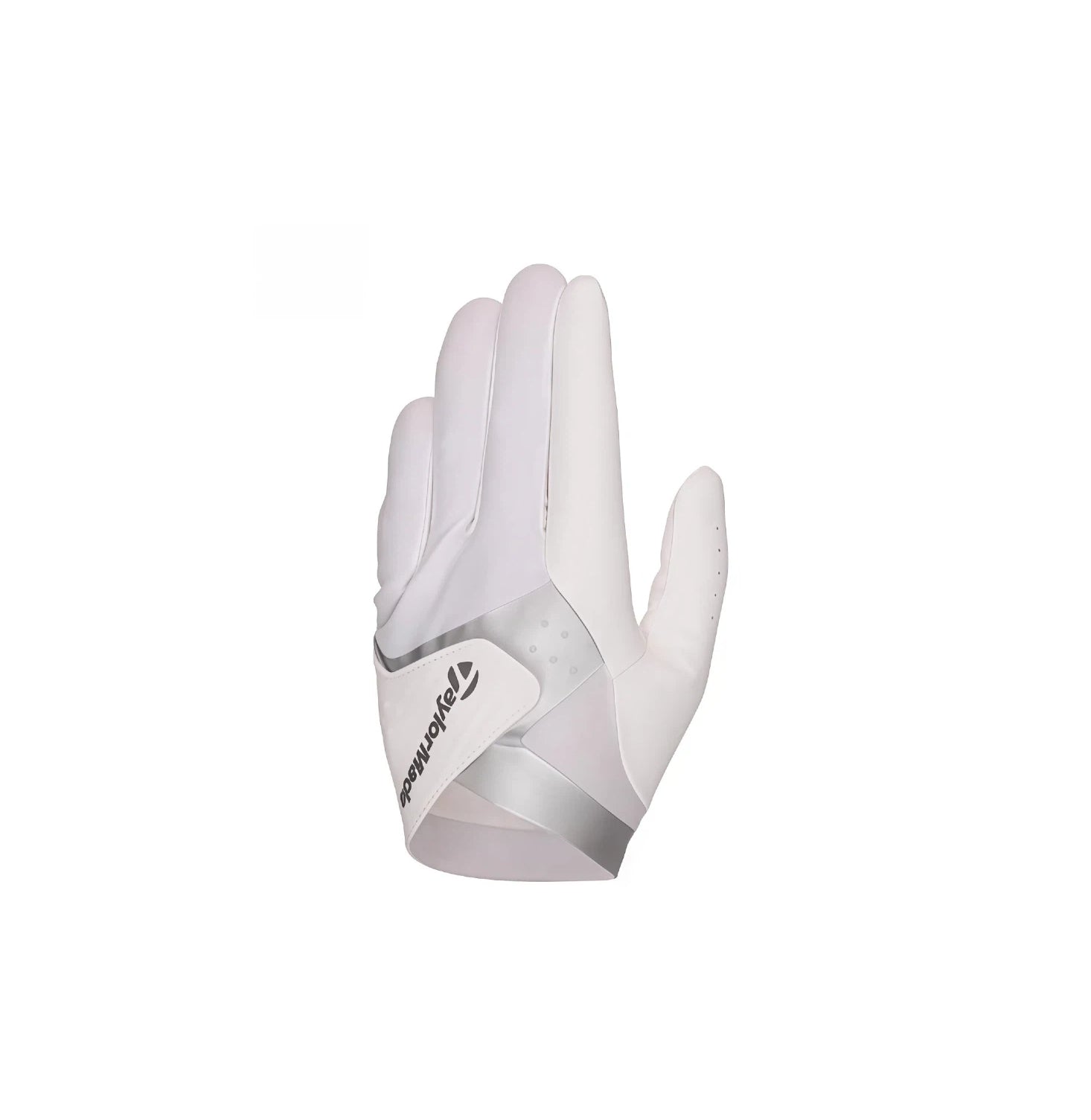 TaylorMade men's golf glove in white with silver accents, featuring a breathable design, anti-slip palm, and the TaylorMade logo on the wrist strap for superior grip and comfort.