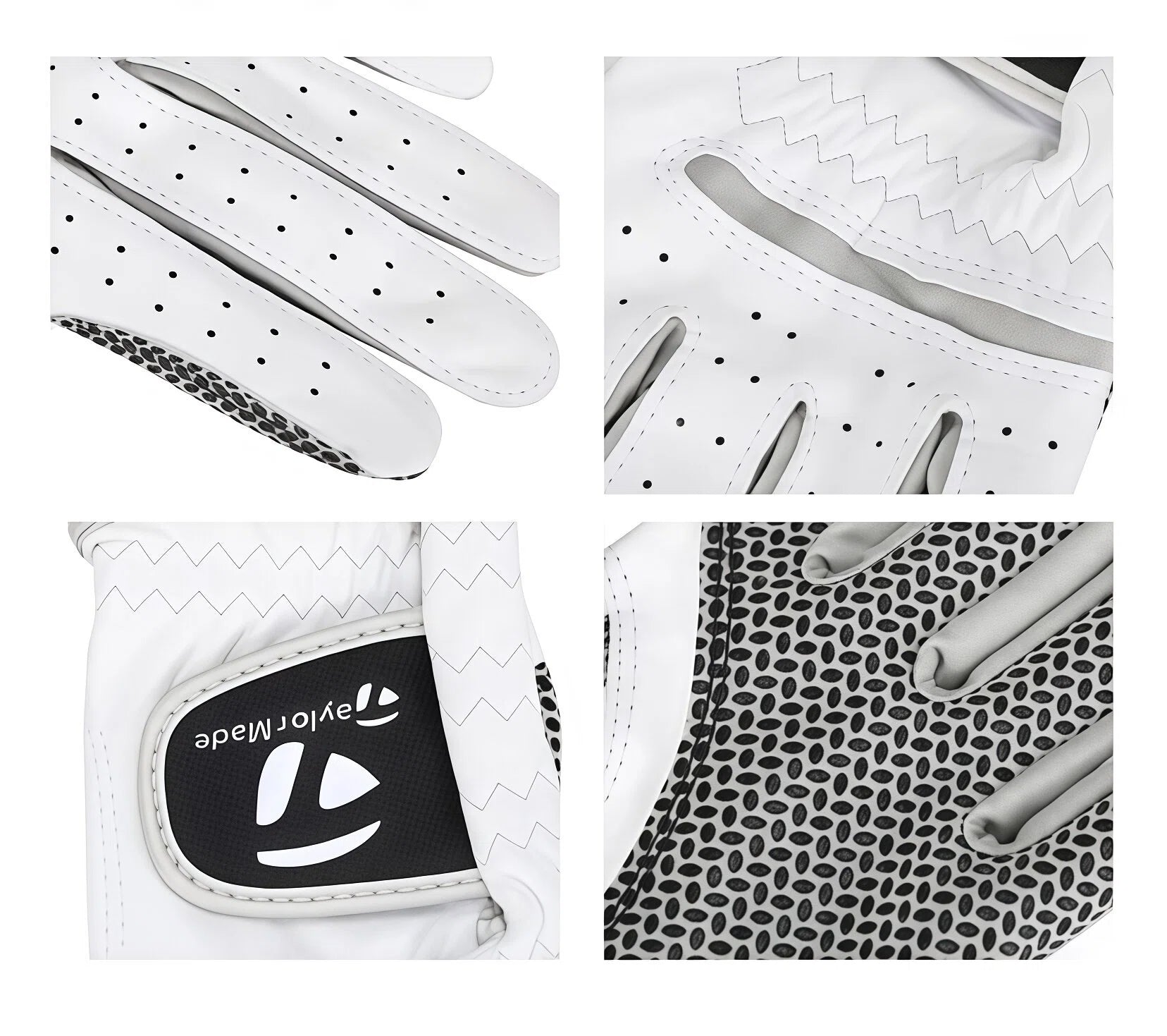 A collage of detailed shots of the TaylorMade men's golf glove, highlighting the premium lambskin leather, precise stitching, breathable perforations, and the iconic TaylorMade logo on the wrist.