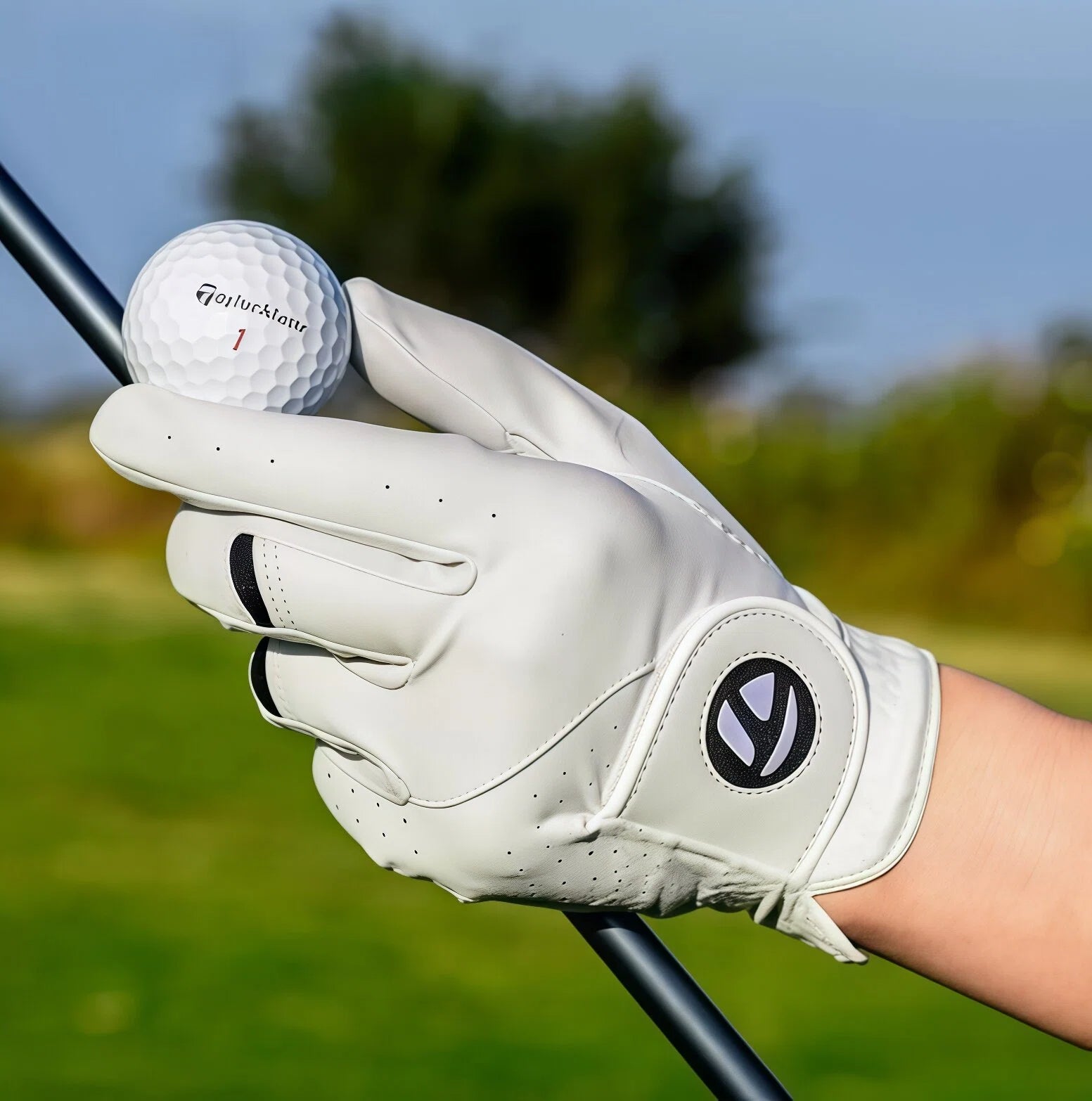 TaylorMade N65445 men's golf glove reaching down to place a ball on a tee, demonstrating the glove's durability and style on the golf course.