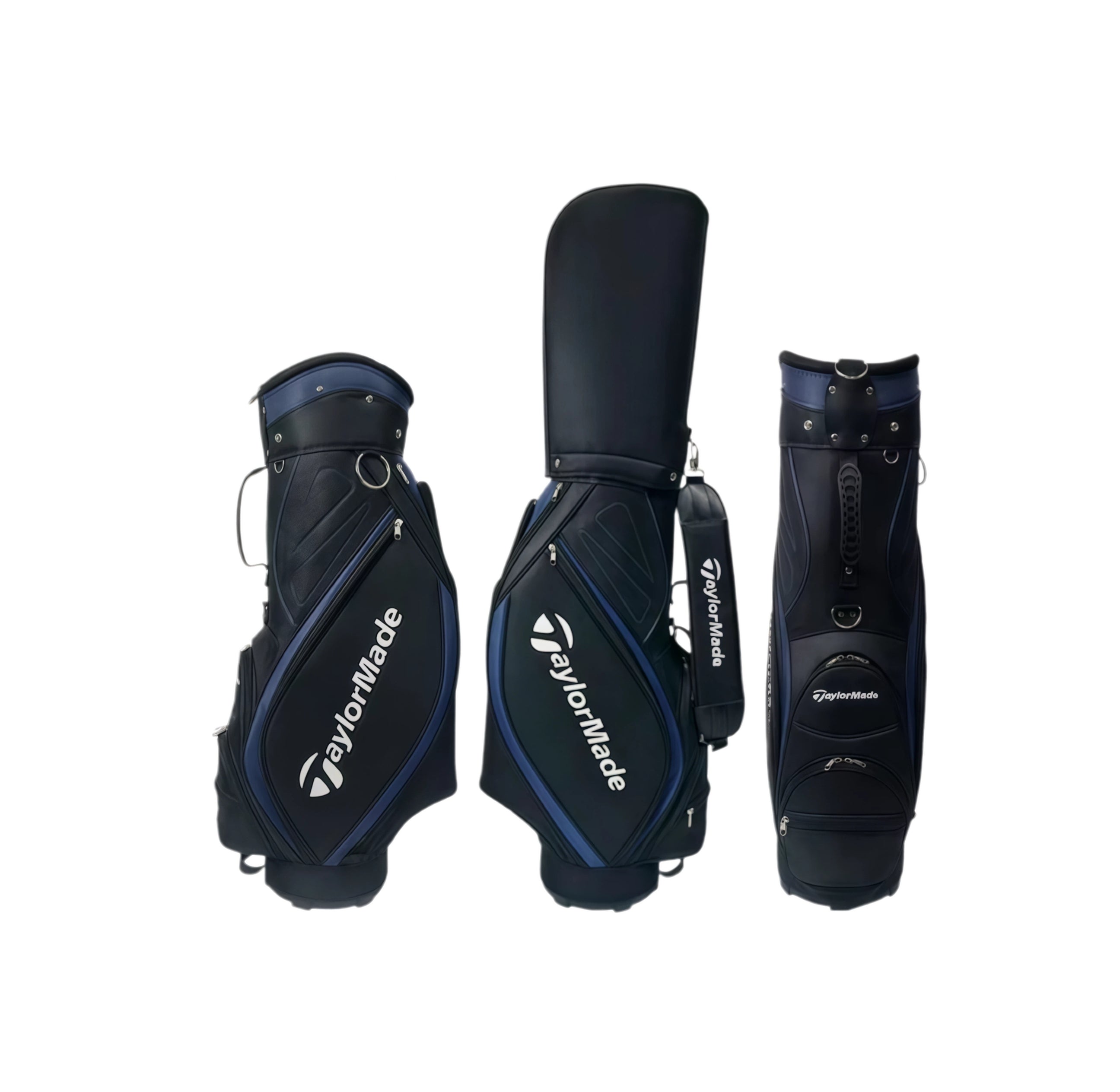 Front, side, and back views of the TaylorMade Premium Cart Bag in black and blue. Includes adjustable shoulder strap, top carry handle, water-resistant material, and organized compartments. Perfect for serious golfers.