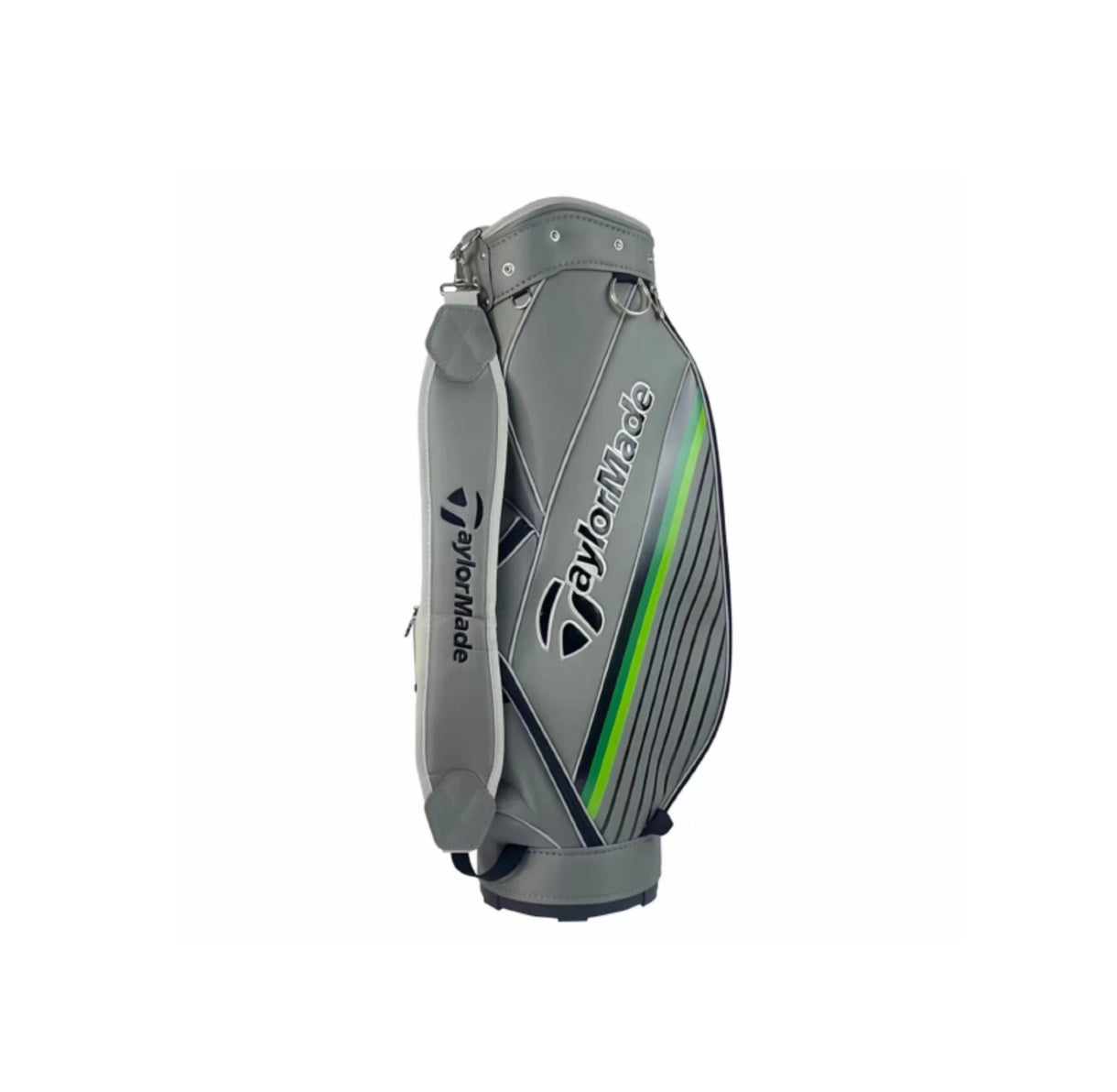 Front-facing view of the TaylorMade RBZ SpeedLite golf bag in grey and green. Showcases premium stitching, diagonal ribbed texture, prominent TaylorMade logo, and dual carry handles. Designed for durability and easy transport.