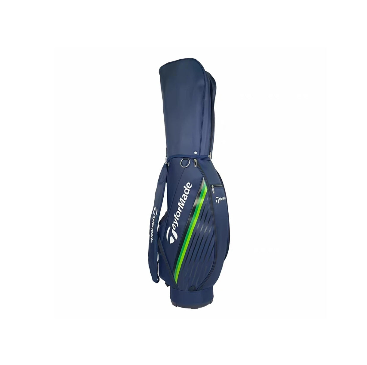 Side view of the TaylorMade RBZ SpeedLite golf bag in navy blue featuring a vibrant green accent stripe and diagonal ribbed design. Includes padded shoulder strap, dual carry handles, and durable water-resistant fabric. Ideal for golfers seeking lightweight performance, modern style, and organized club storage on the course.