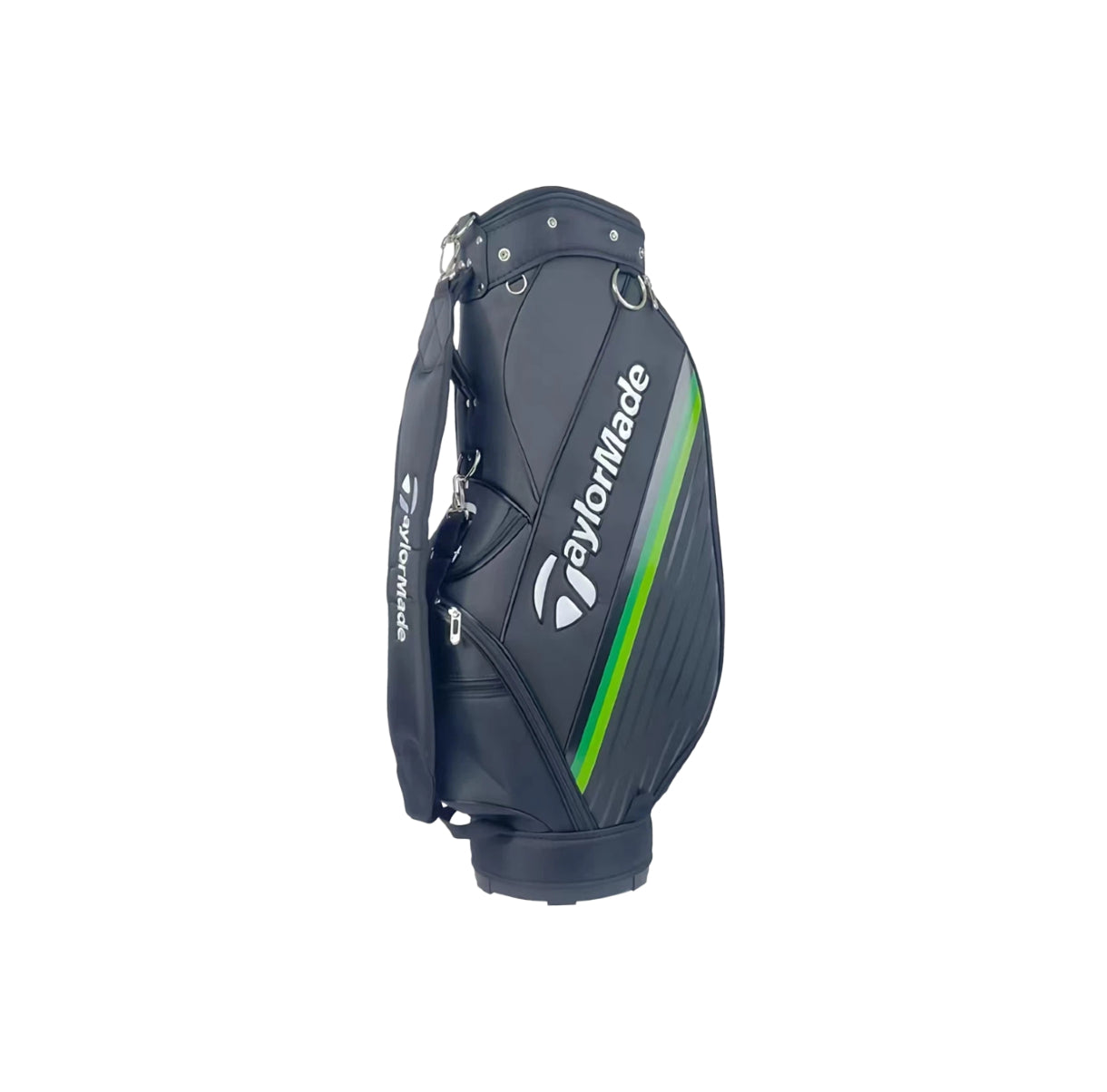 Side profile of the TaylorMade RBZ SpeedLite golf bag in navy blue with striking green gradient stripe. Features water-resistant fabric, ergonomic carry handle, and padded shoulder strap for comfort and durability.