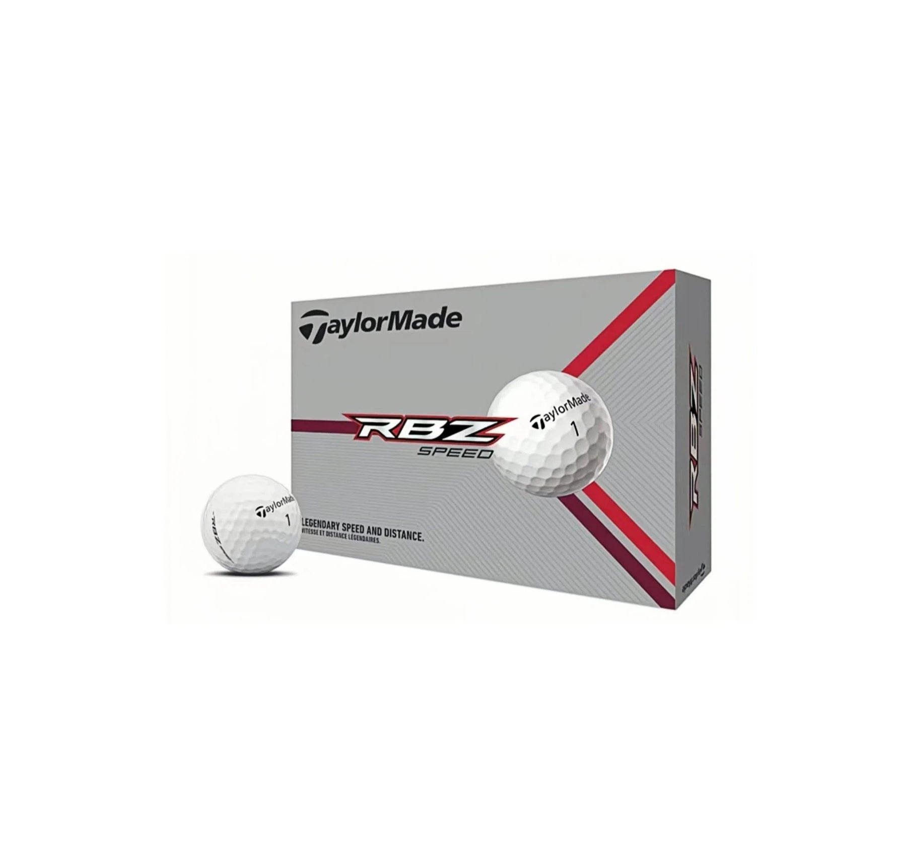 TaylorMade Rocket Ballz Speed 2025 golf balls, featuring the "RBZ Speed" box design and a single ball, highlighting the product's speed and distance capabilities.