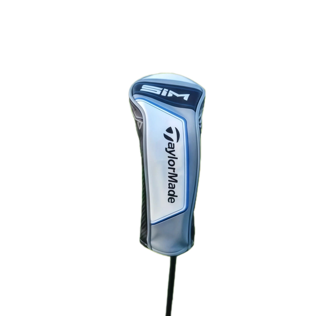 TaylorMade SIM Driver Headcover in blue and black, shown fitted on a golf club, ideal for protecting driver heads.
