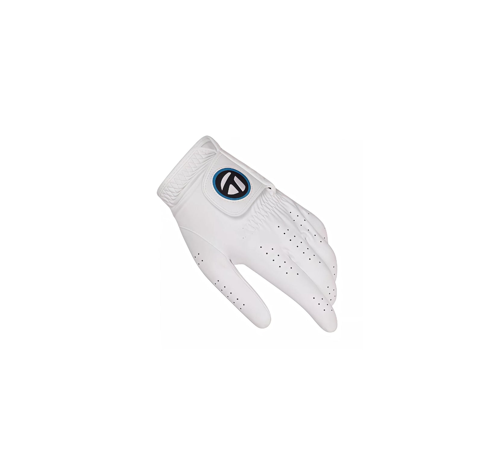 TaylorMade U26245 Player's golf glove for men (left hand), featuring white synthetic leather, breathable perforations, and a blue accented logo.