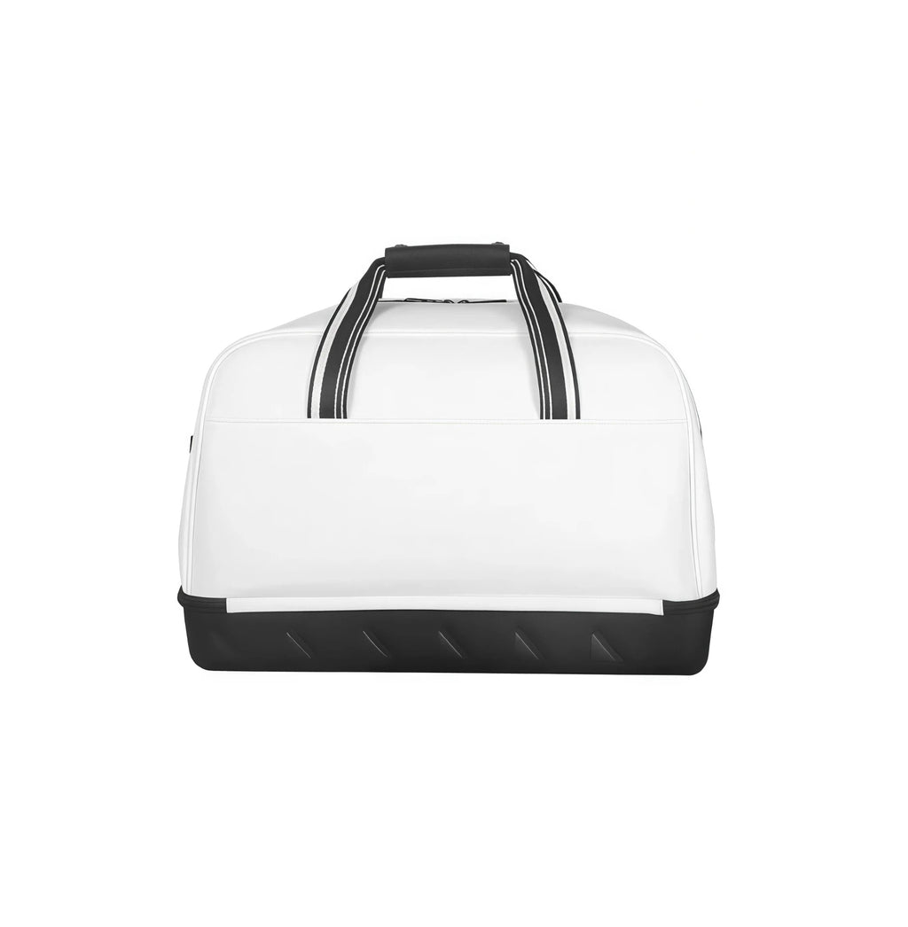 Front view of the white Titleist Authentic Boston Bag featuring a sleek quilted design, black reinforced base with textured grip, and dual striped top handles. Ideal for golf and travel.