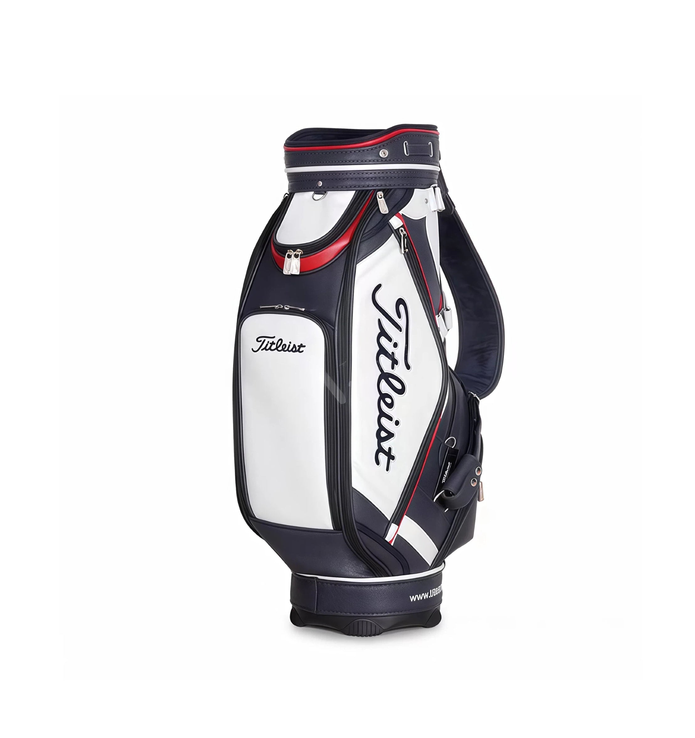 Front view of the Titleist Classic Leather-Look Cart Bag in navy blue, white, and red. Highlights the large "Titleist" script logo, red accent stripe, padded shoulder strap, and top organizer. Designed for style and performance.
