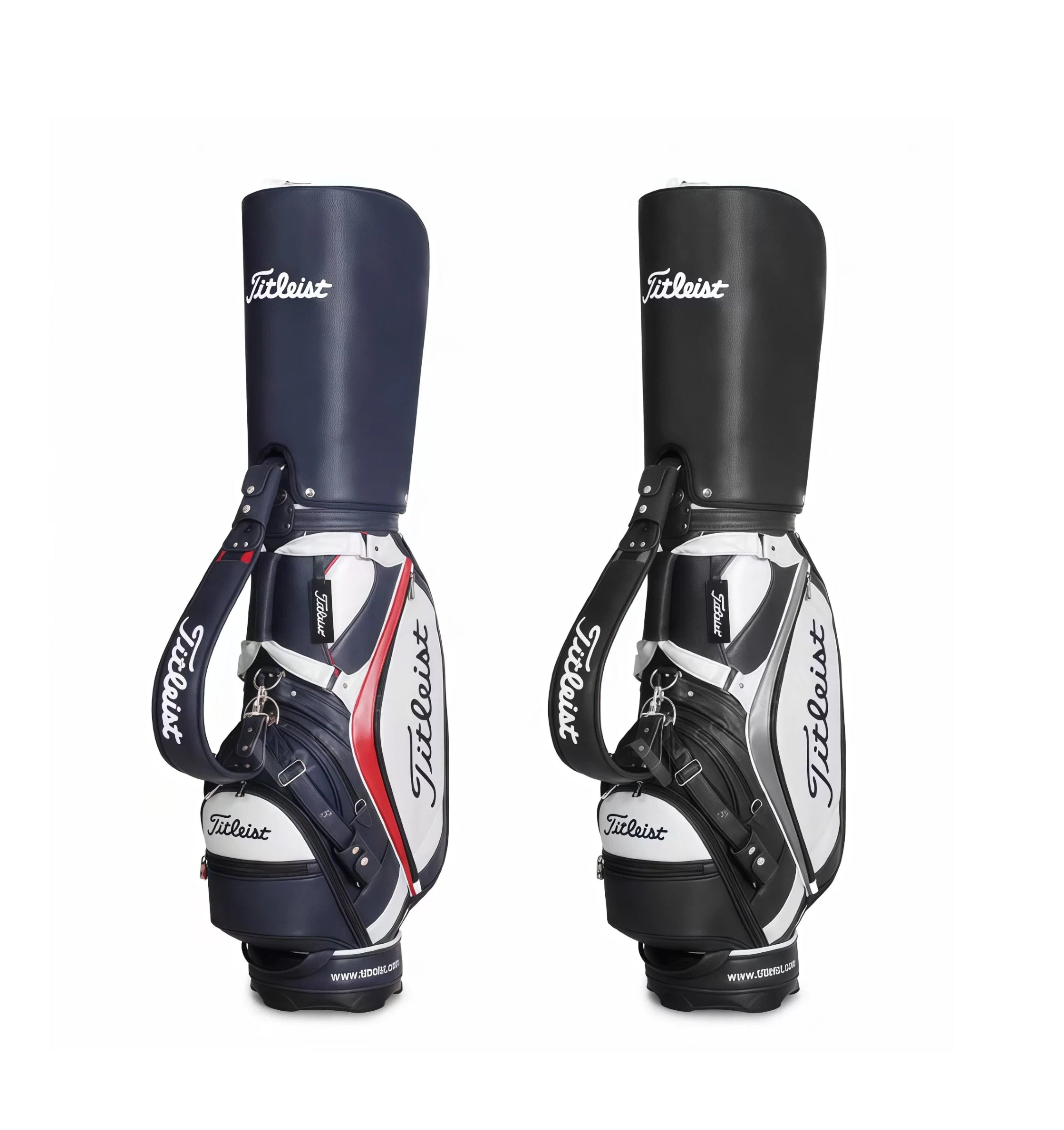 Two Titleist Classic Leather-Look Cart Bags side by side: one in navy blue, white, and red; the other in black, white, and grey. Both feature the iconic "Titleist" script logo, padded shoulder straps, and reinforced base. Perfect for golfers seeking premium style and function.