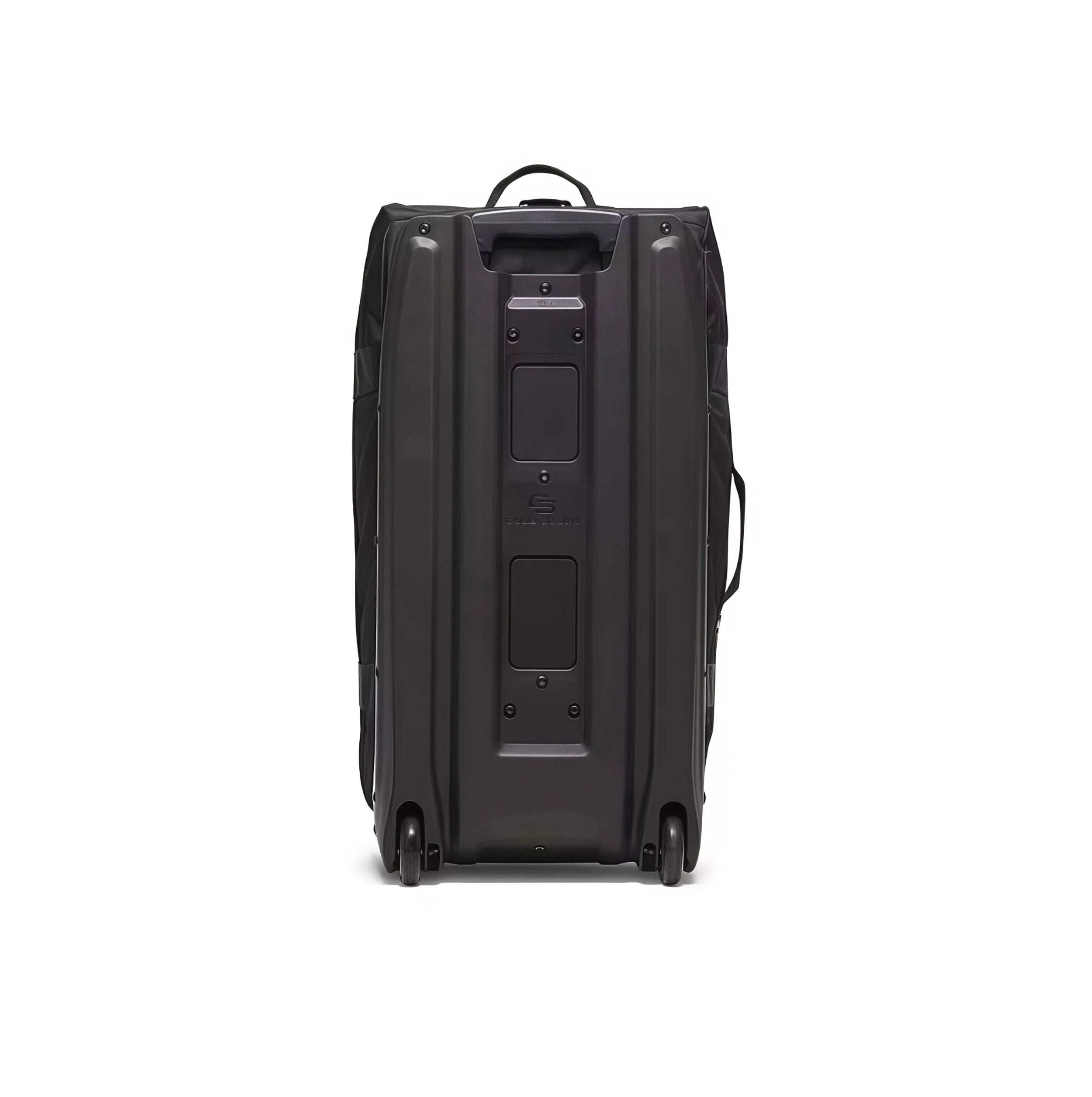 Back view of the Titleist Club Rolling Duffle Bag showcasing dual spinner wheels, reinforced base, and structural design for durability and stability during transit.